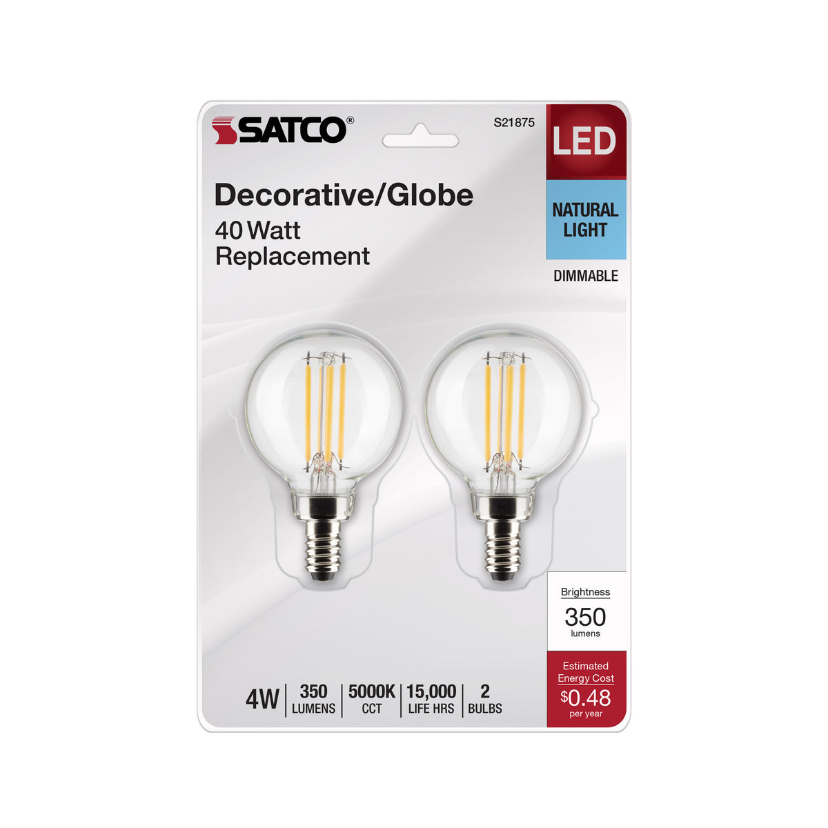 4 Watt G16.5 LED Filament - Clear - Candelabra Base - 5000K - 120 Volt - 2-Pack