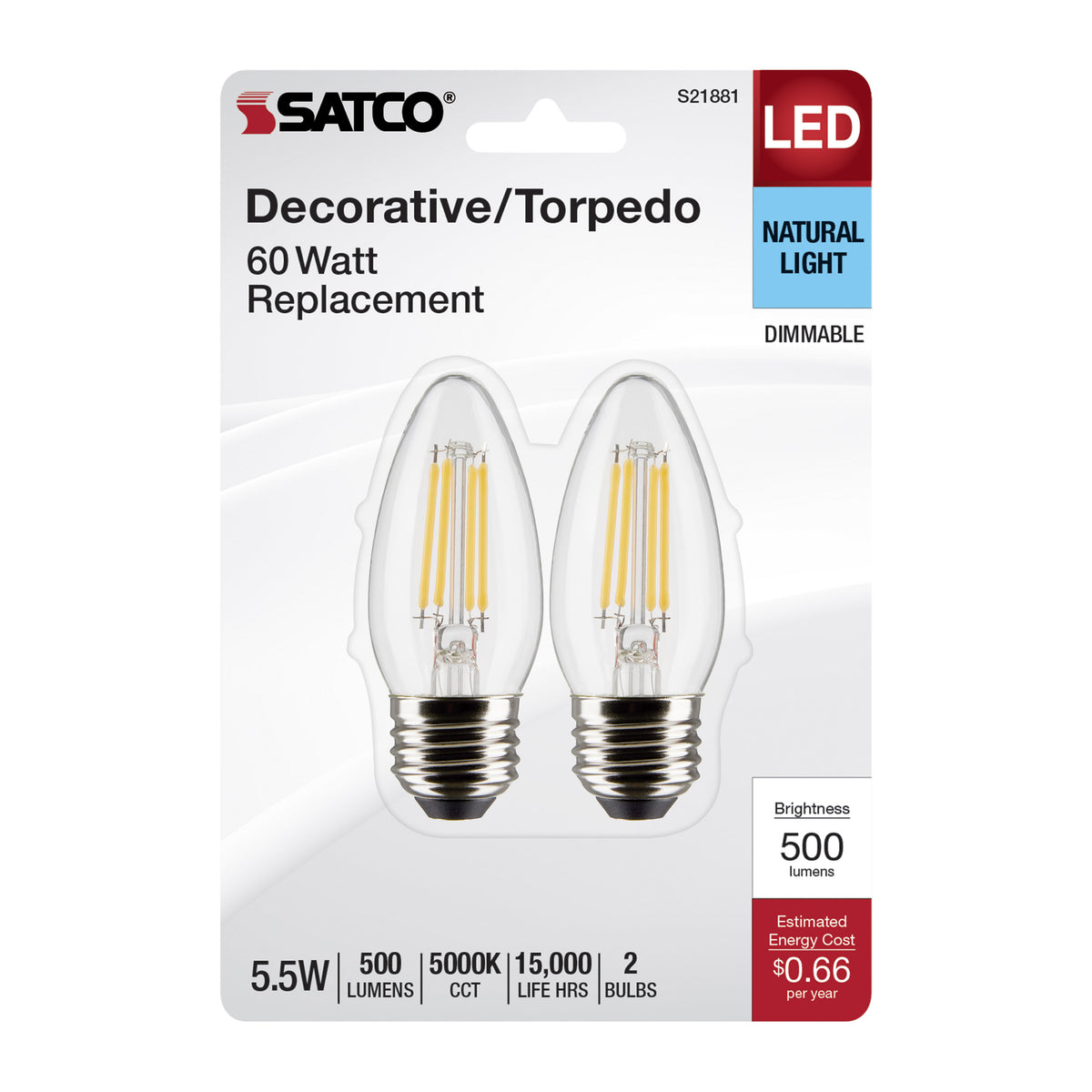 5.5 Watt B11 LED Filament - Clear - Medium Base - 5000K - 120 Volt - 2-Pack