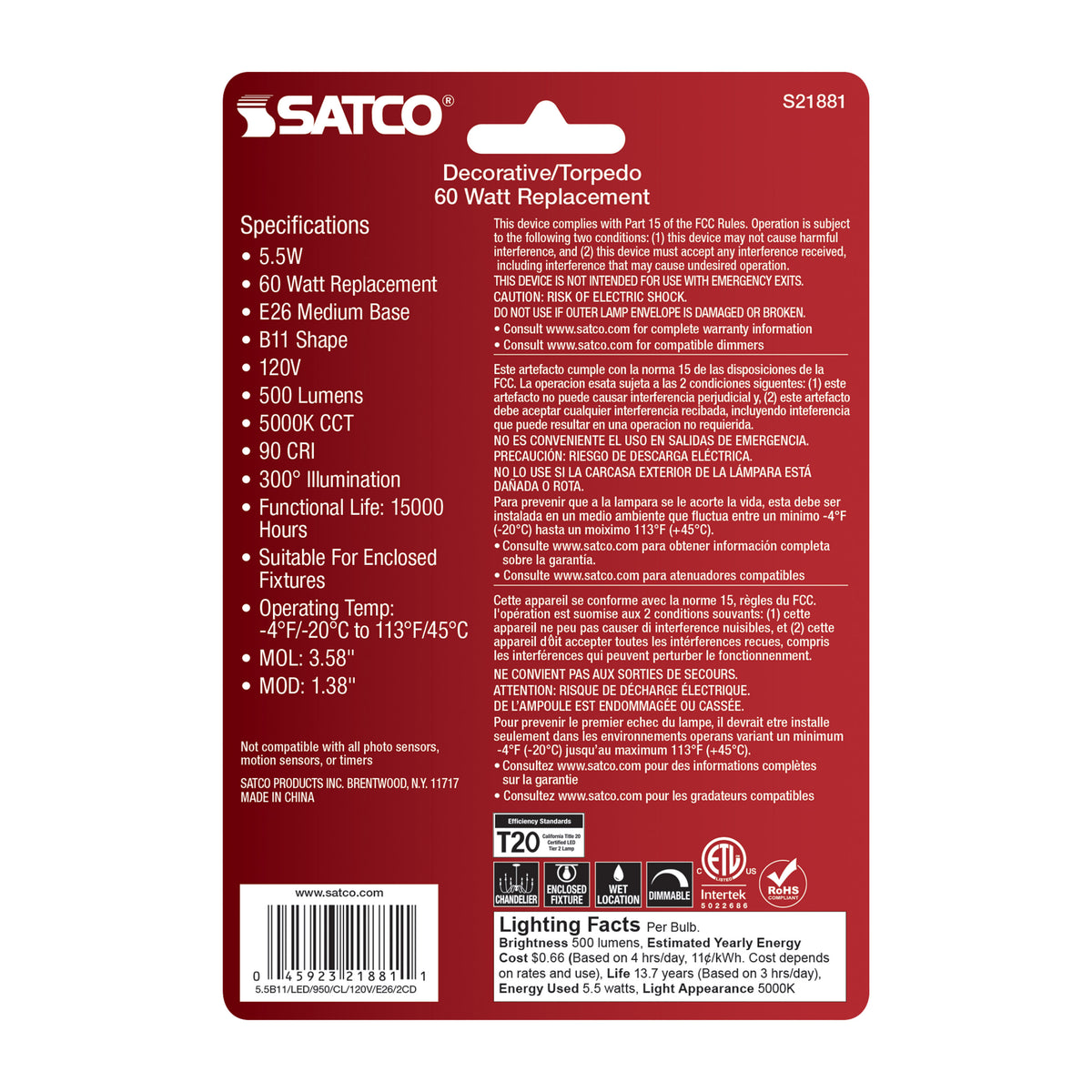 5.5 Watt B11 LED Filament - Clear - Medium Base - 5000K - 120 Volt - 2-Pack