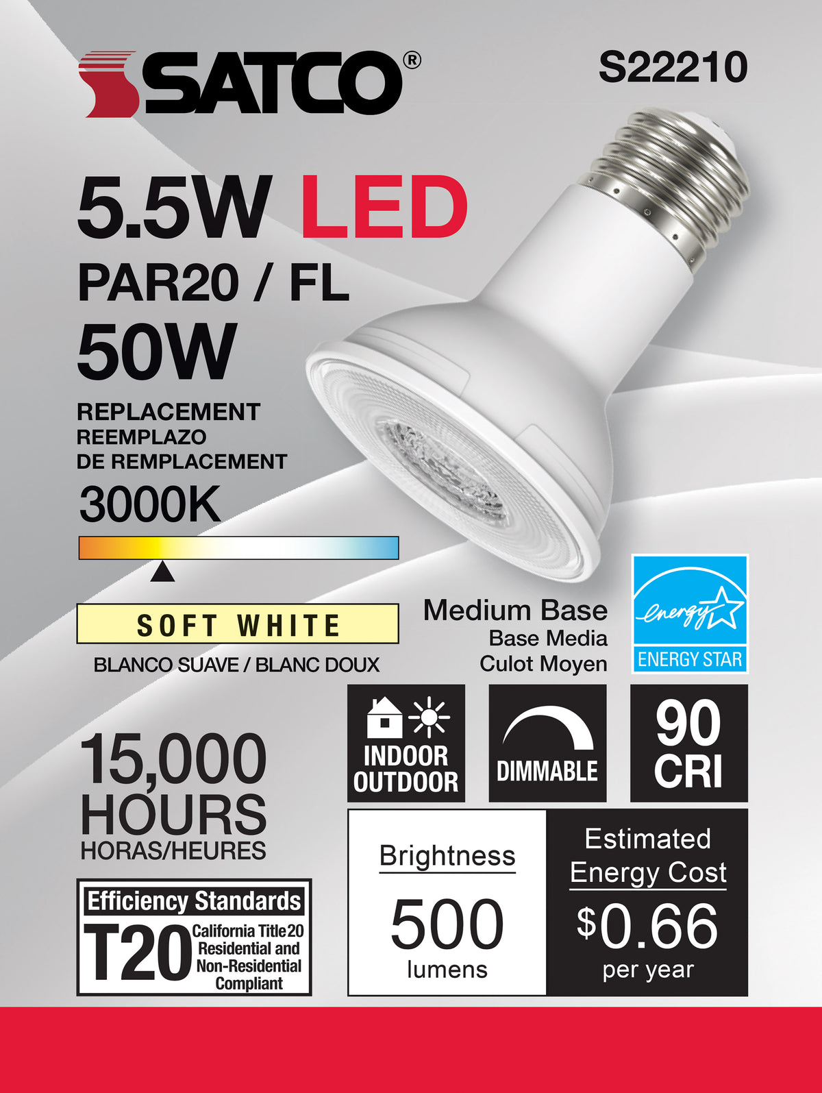 5.5 Watt PAR20 LED - 90 CRI - 3000K - 40 deg. Beam Angle - Medium base - 120 Volt