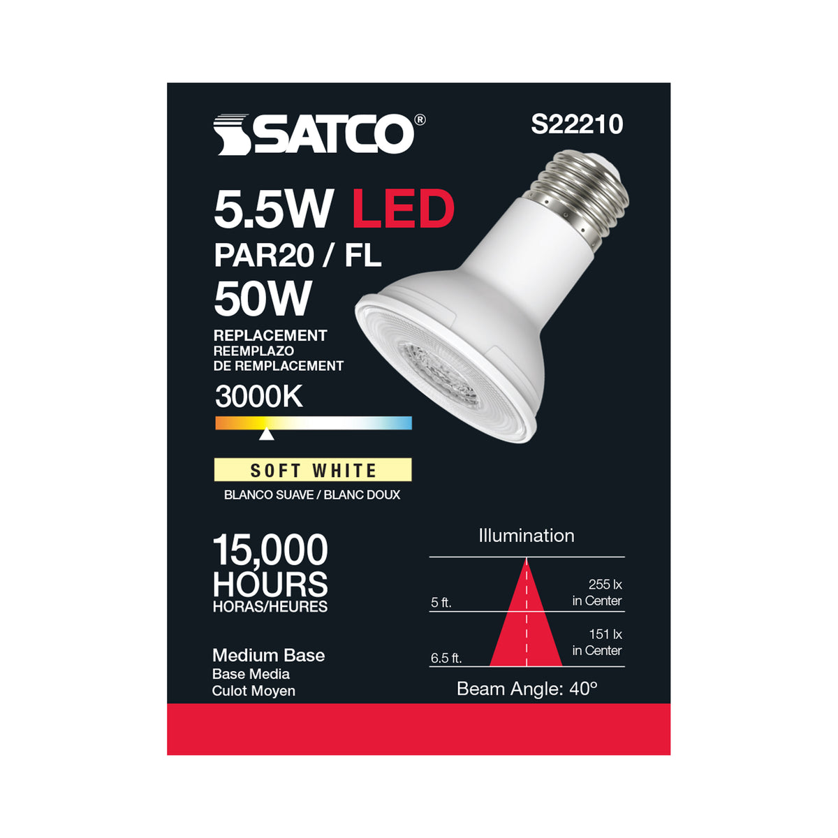 5.5 Watt PAR20 LED - 90 CRI - 3000K - 40 deg. Beam Angle - Medium base - 120 Volt