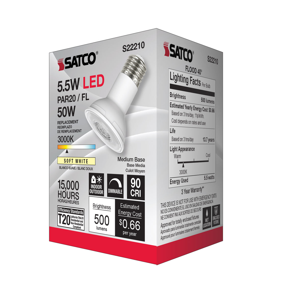 5.5 Watt PAR20 LED - 90 CRI - 3000K - 40 deg. Beam Angle - Medium base - 120 Volt