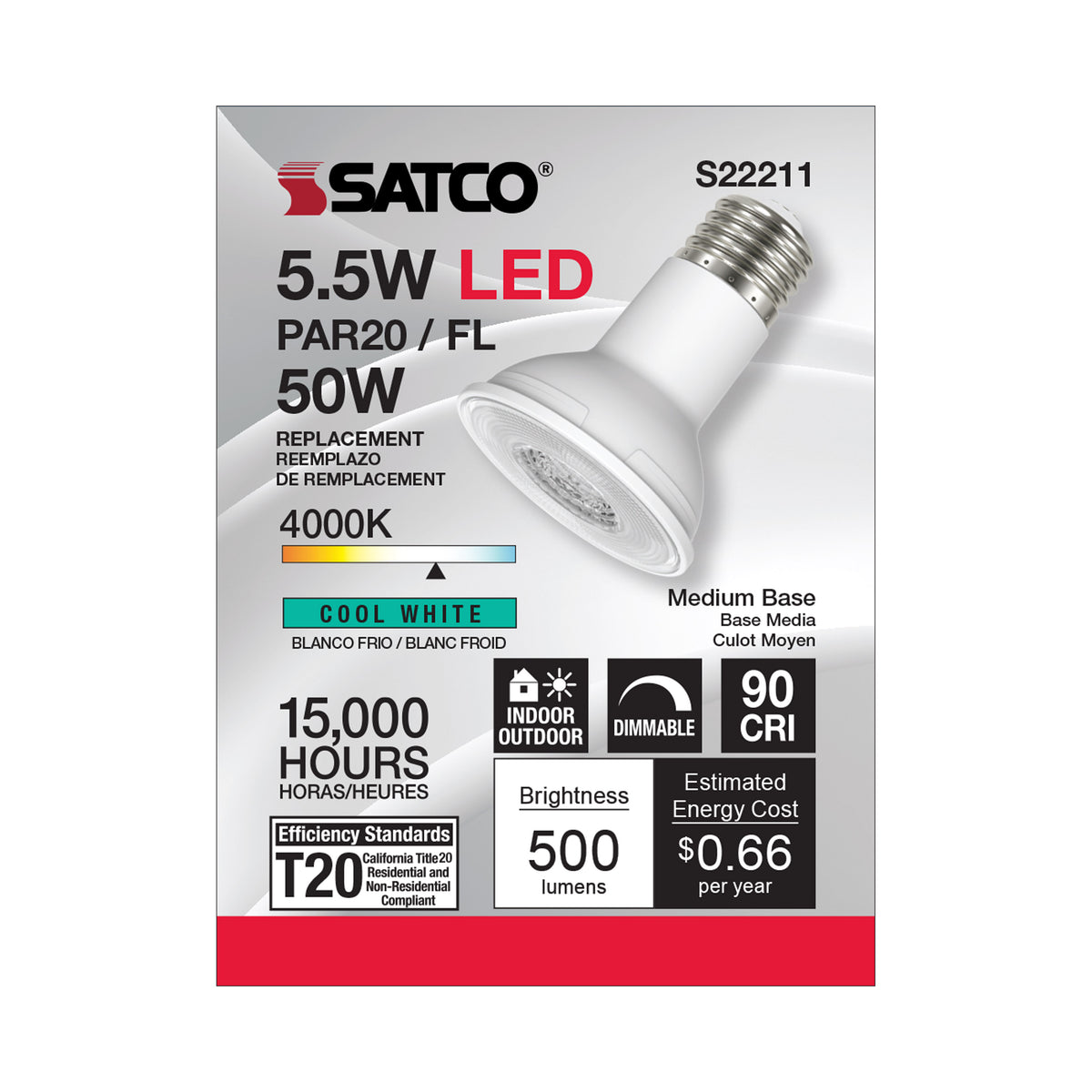 5.5 Watt PAR20 LED - 90 CRI - 4000K - 40 deg. Beam Angle - Medium base - 120 Volt