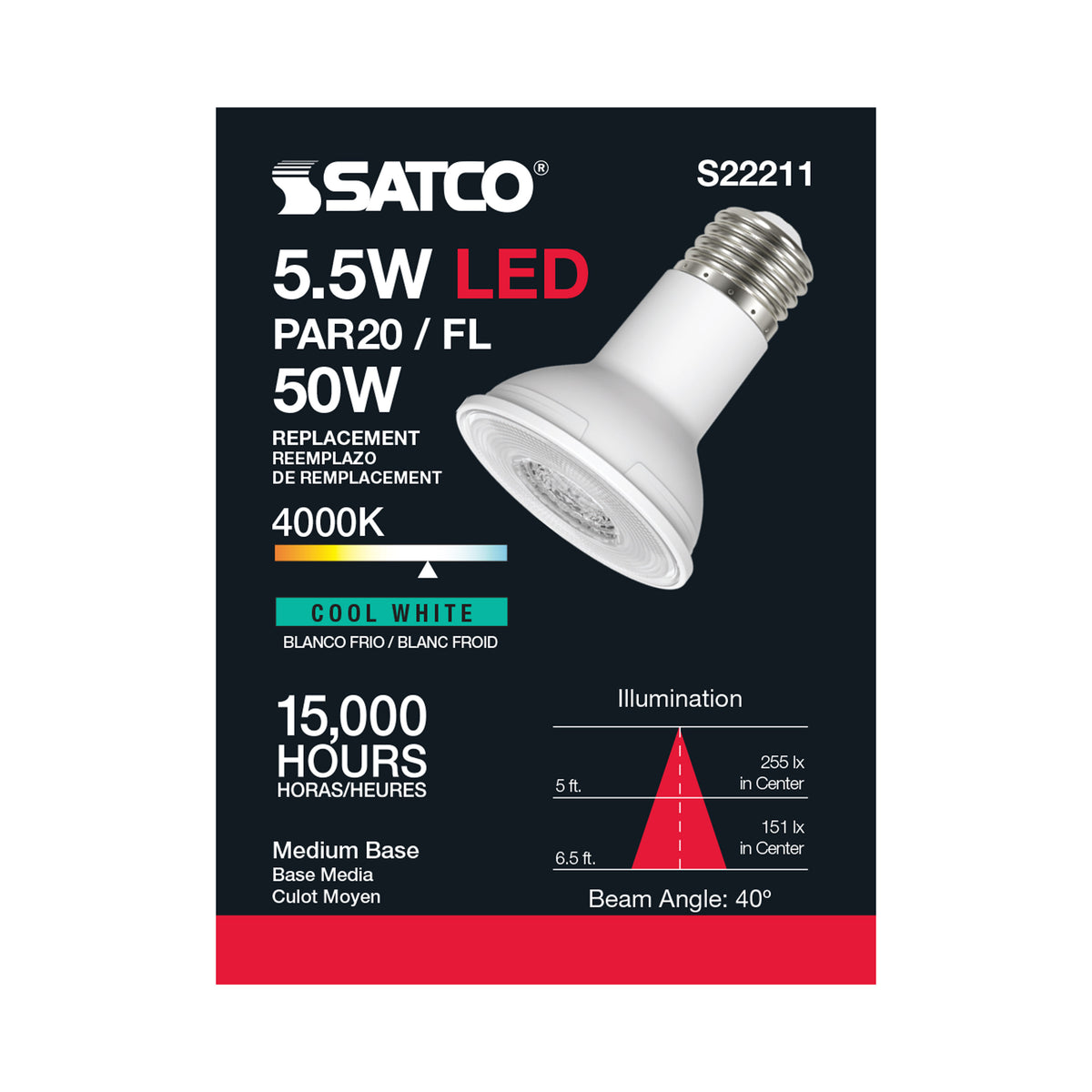 5.5 Watt PAR20 LED - 90 CRI - 4000K - 40 deg. Beam Angle - Medium base - 120 Volt