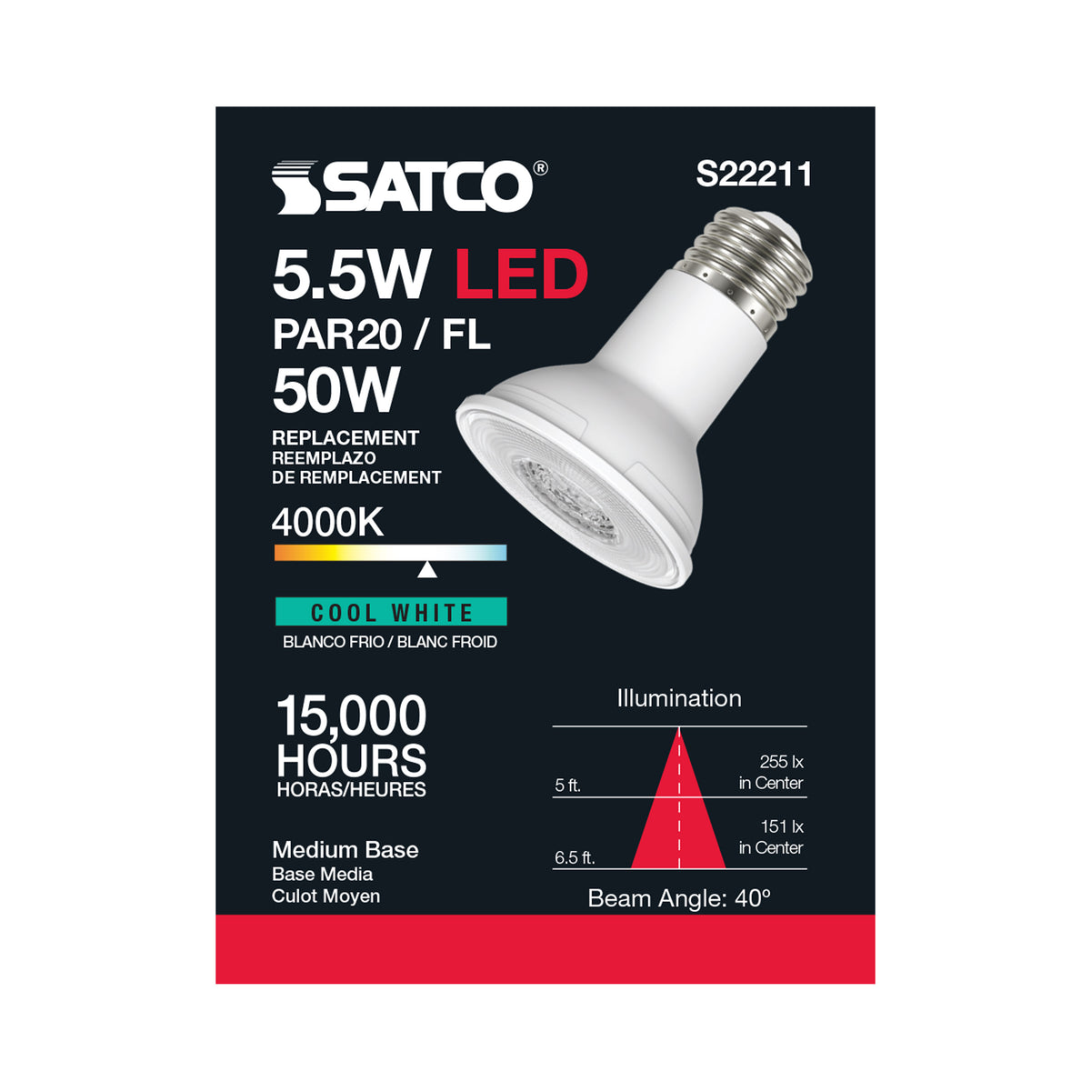 5.5 Watt PAR20 LED - 90 CRI - 4000K - 40 deg. Beam Angle - Medium base - 120 Volt