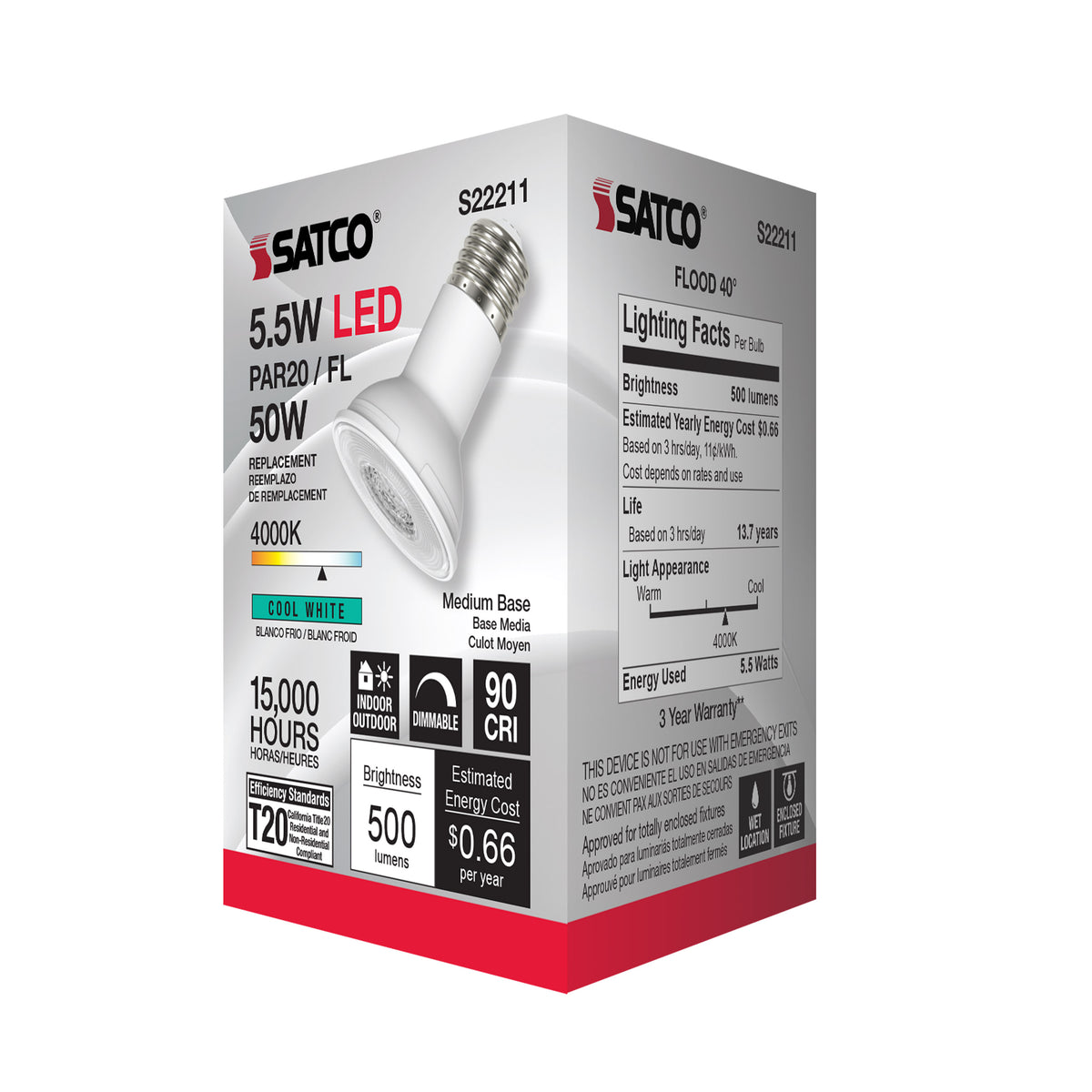 5.5 Watt PAR20 LED - 90 CRI - 4000K - 40 deg. Beam Angle - Medium base - 120 Volt