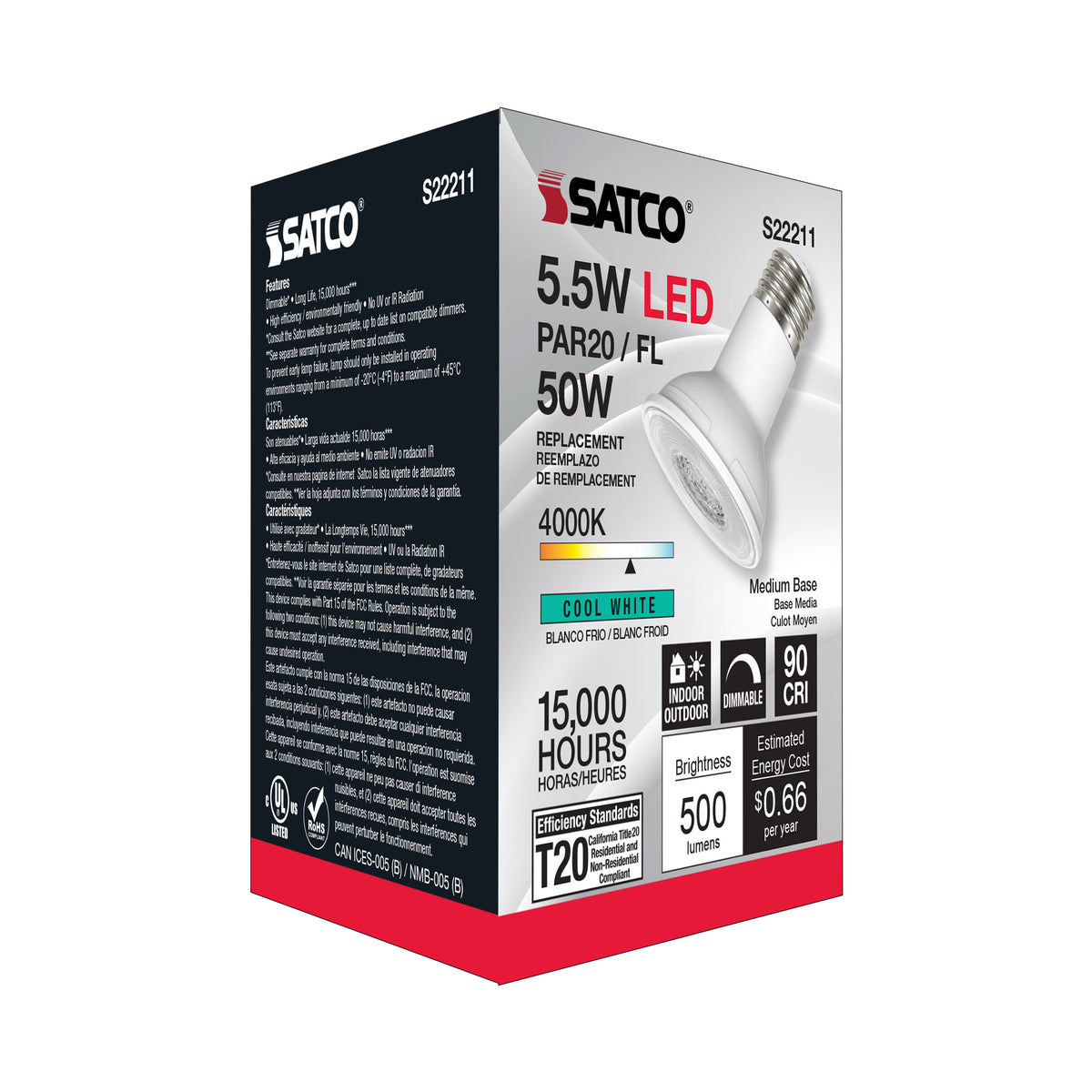 5.5 Watt PAR20 LED - 90 CRI - 4000K - 40 deg. Beam Angle - Medium base - 120 Volt