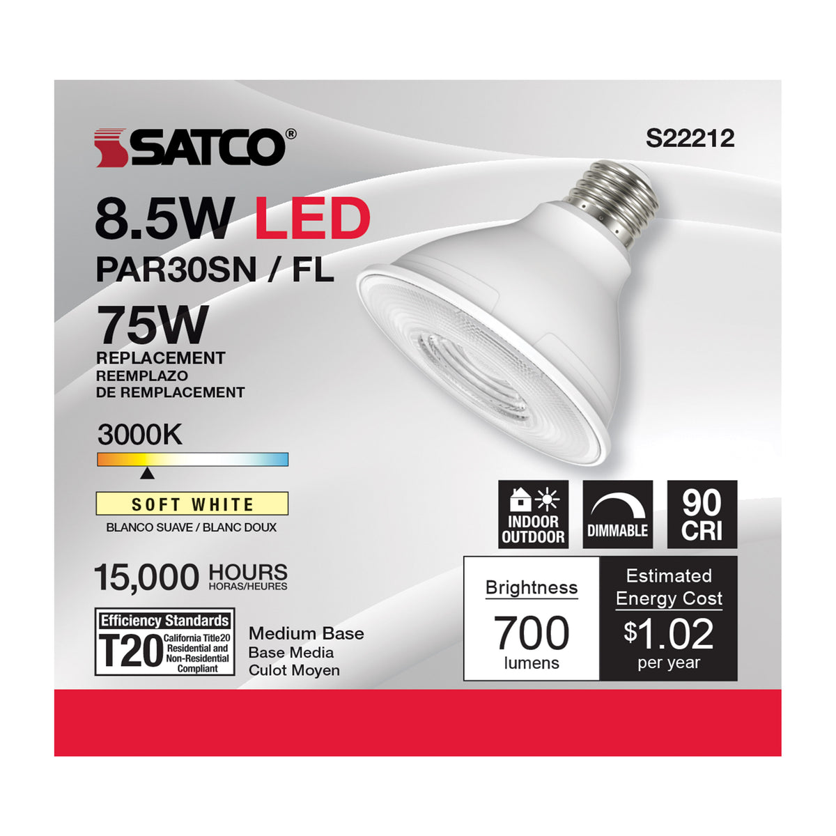 8.5 Watt PAR30S LED - 90 CRI - 3000K - 40 deg. Beam Angle - Medium base - 120 Volt