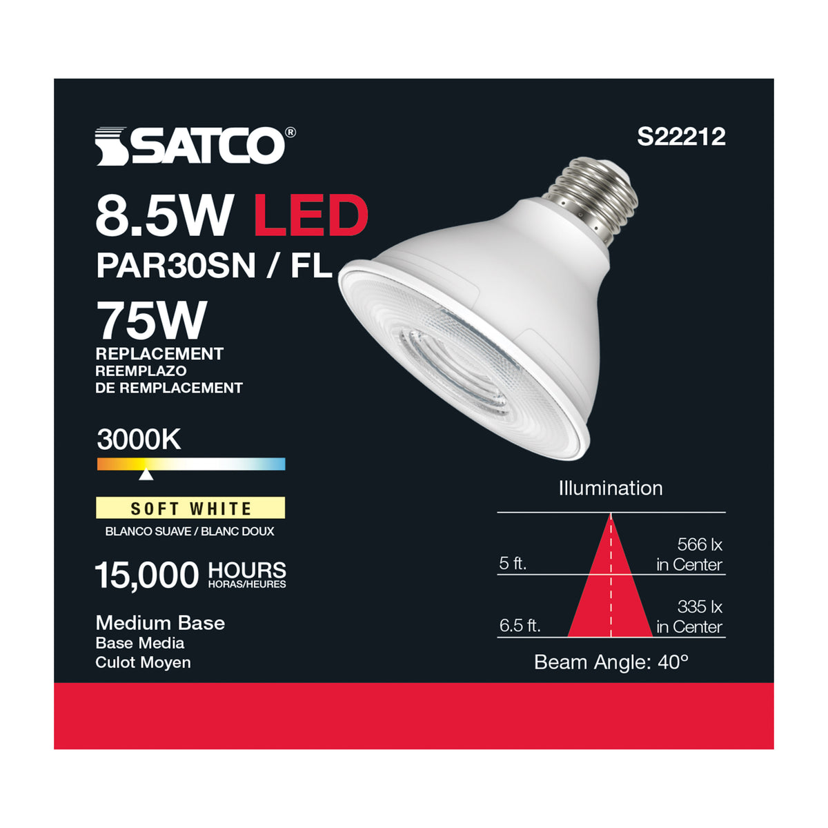 8.5 Watt PAR30S LED - 90 CRI - 3000K - 40 deg. Beam Angle - Medium base - 120 Volt