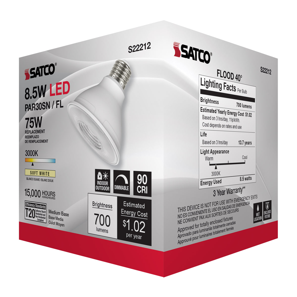 8.5 Watt PAR30S LED - 90 CRI - 3000K - 40 deg. Beam Angle - Medium base - 120 Volt