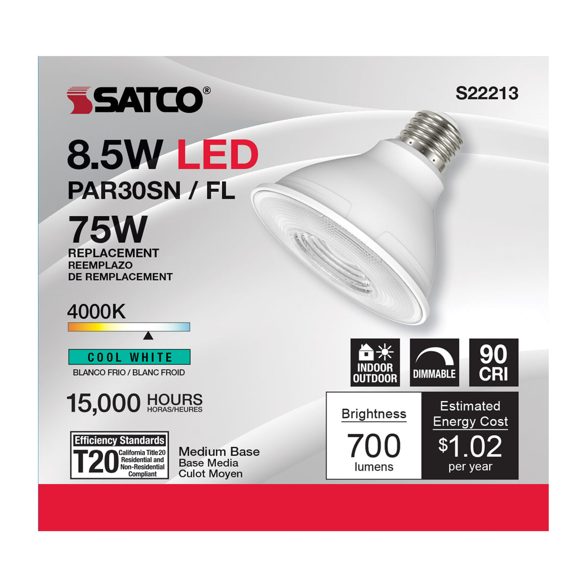 8.5 Watt PAR30S LED - 90 CRI - 4000K - 40 deg. Beam Angle - Medium base - 120 Volt