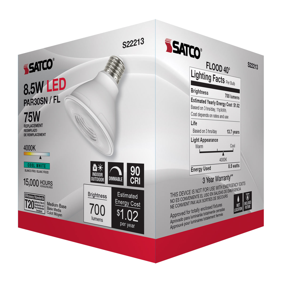 8.5 Watt PAR30S LED - 90 CRI - 4000K - 40 deg. Beam Angle - Medium base - 120 Volt
