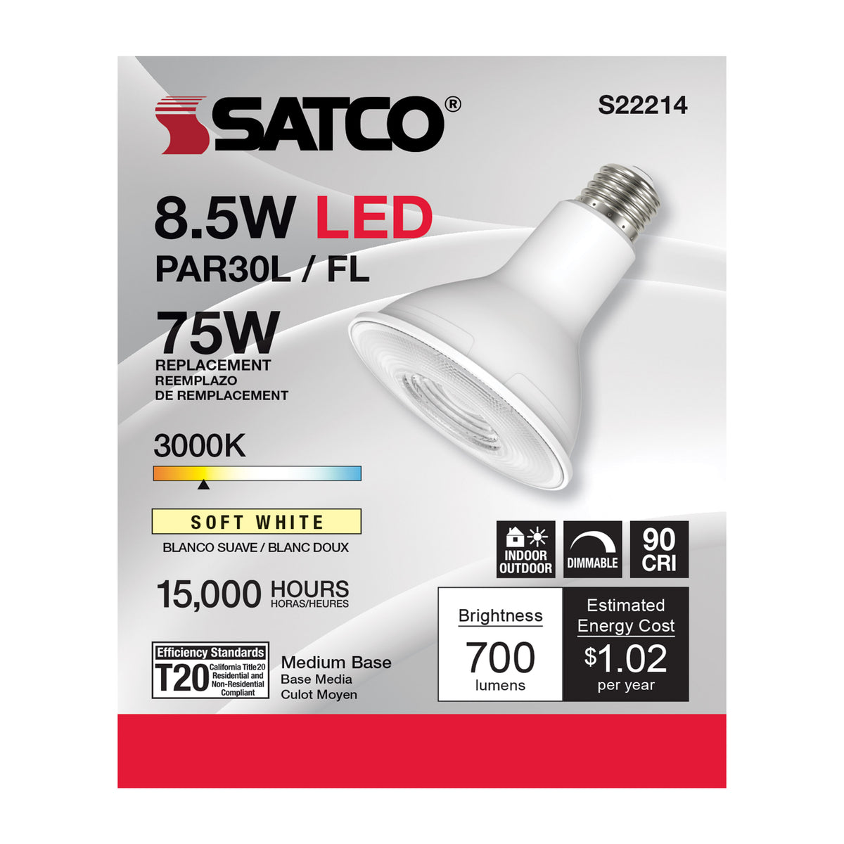 8.5 Watt PAR30L LED - 90 CRI - 3000K - 40 deg. Beam Angle - Medium base - 120 Volt