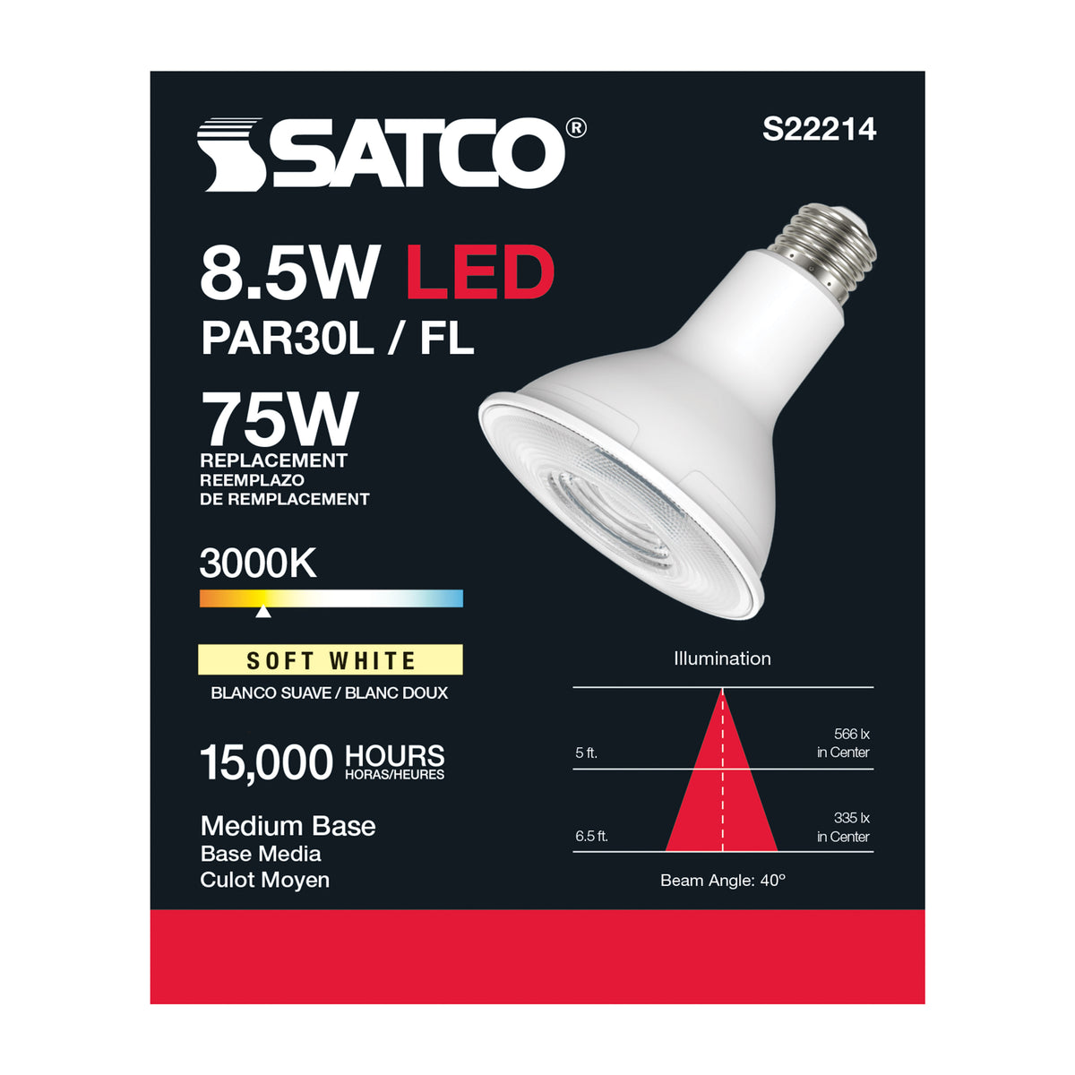 8.5 Watt PAR30L LED - 90 CRI - 3000K - 40 deg. Beam Angle - Medium base - 120 Volt
