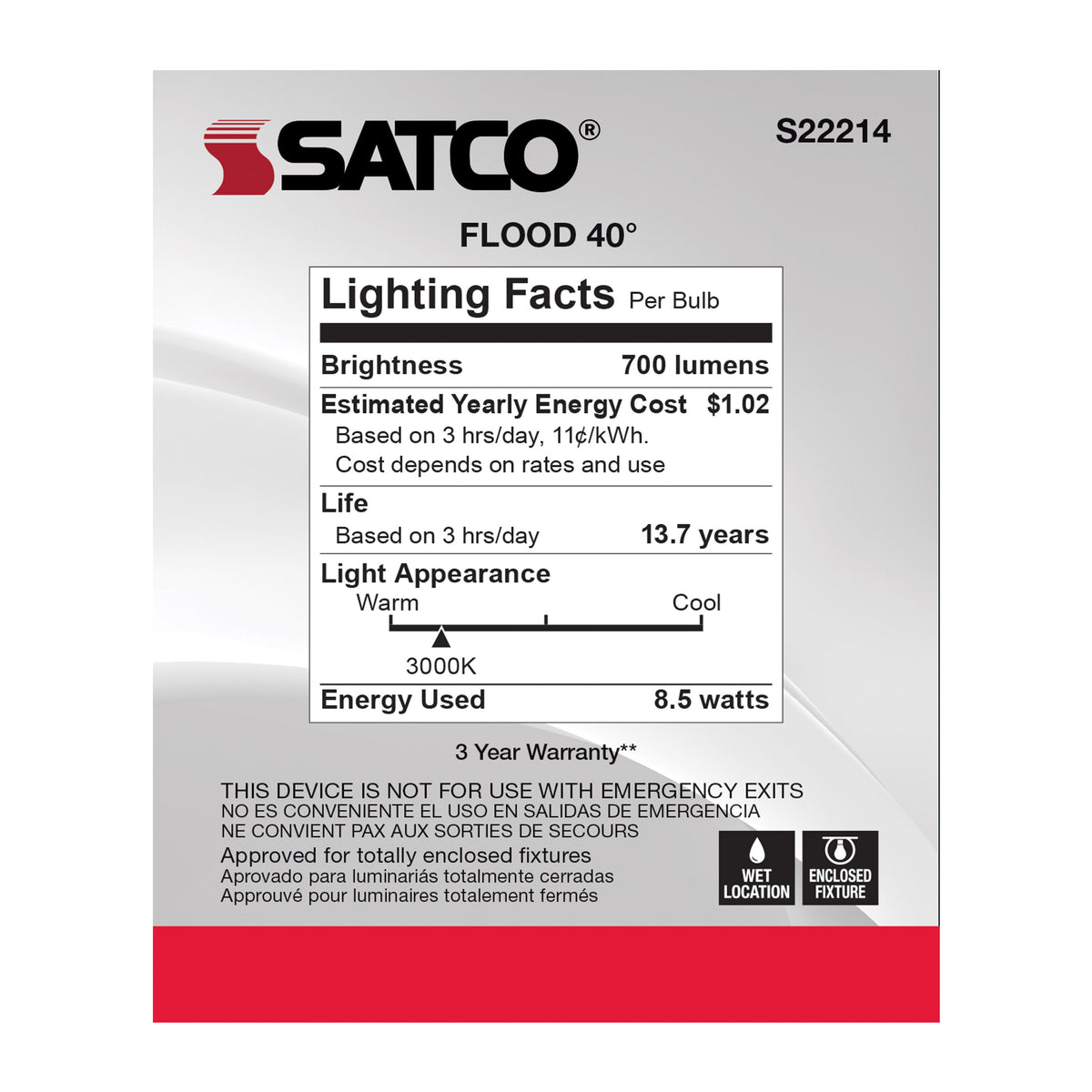 8.5 Watt PAR30L LED - 90 CRI - 3000K - 40 deg. Beam Angle - Medium base - 120 Volt