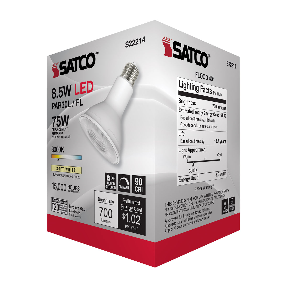 8.5 Watt PAR30L LED - 90 CRI - 3000K - 40 deg. Beam Angle - Medium base - 120 Volt