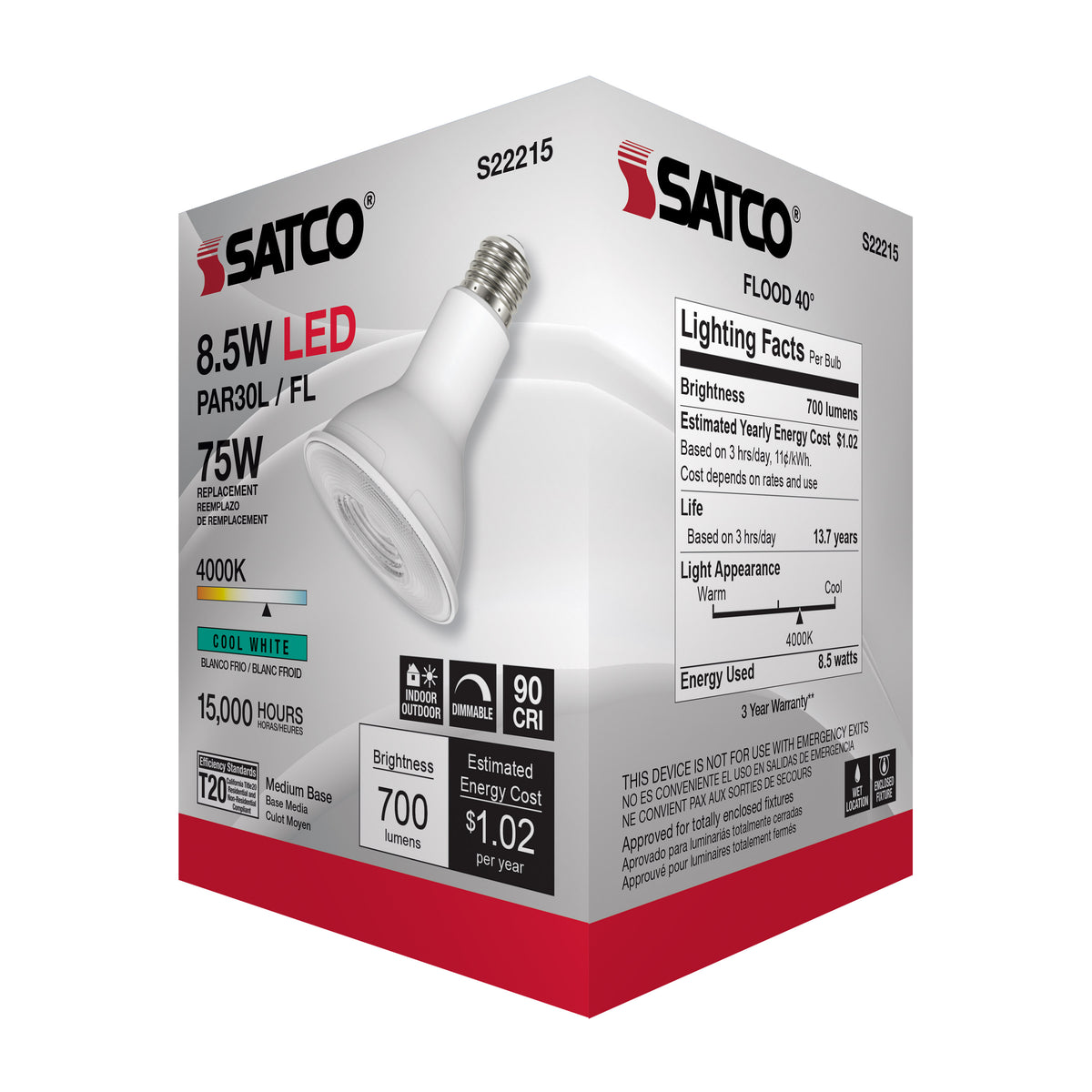 8.5 Watt PAR30L LED - 90 CRI - 4000K - 40 deg. Beam Angle - Medium base - 120 Volt