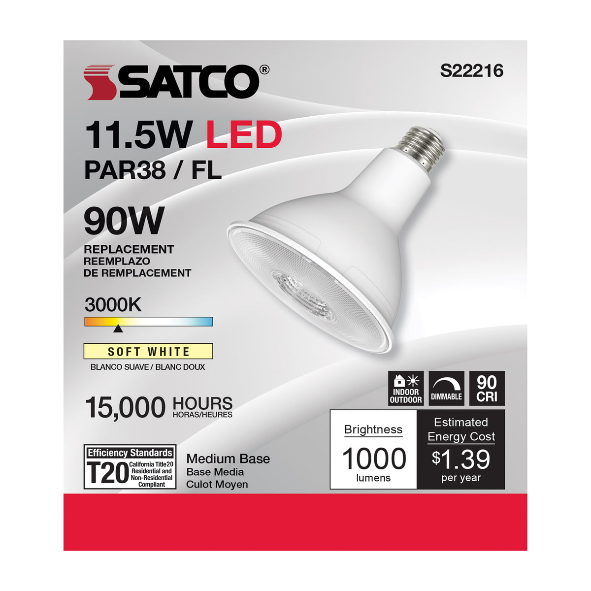 11.5 Watt PAR38 LED - 90 CRI - 3000K - 40 deg. Beam Angle - Medium base - 120 Volt