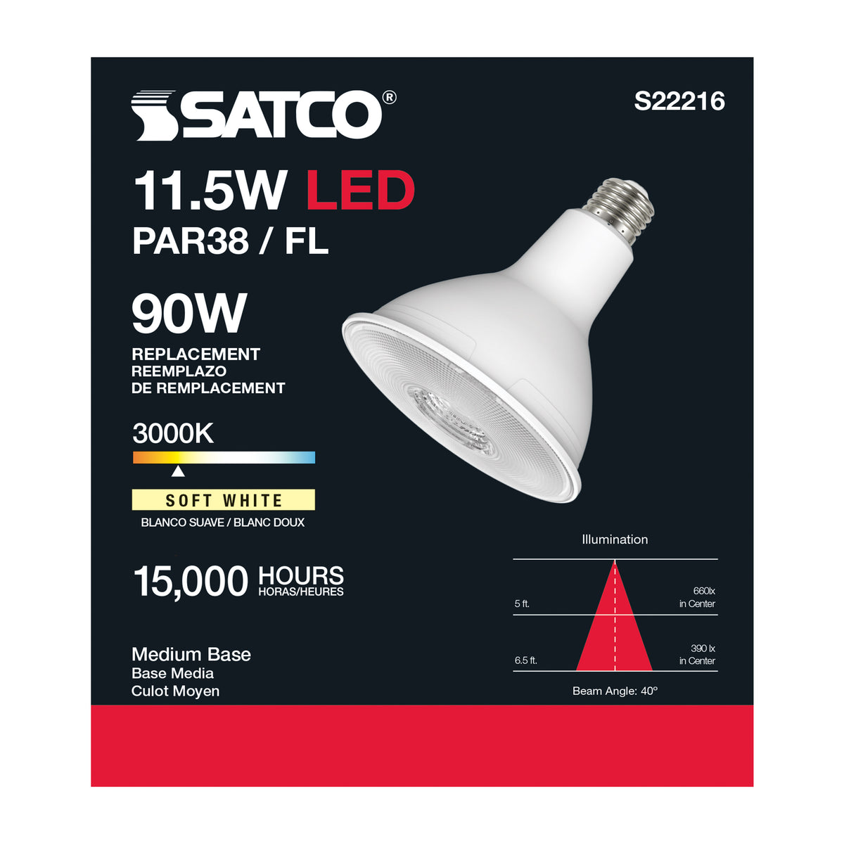 11.5 Watt PAR38 LED - 90 CRI - 3000K - 40 deg. Beam Angle - Medium base - 120 Volt
