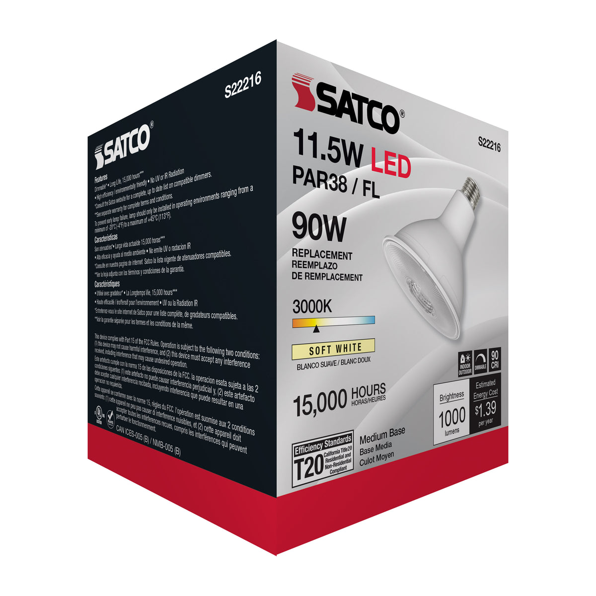 11.5 Watt PAR38 LED - 90 CRI - 3000K - 40 deg. Beam Angle - Medium base - 120 Volt
