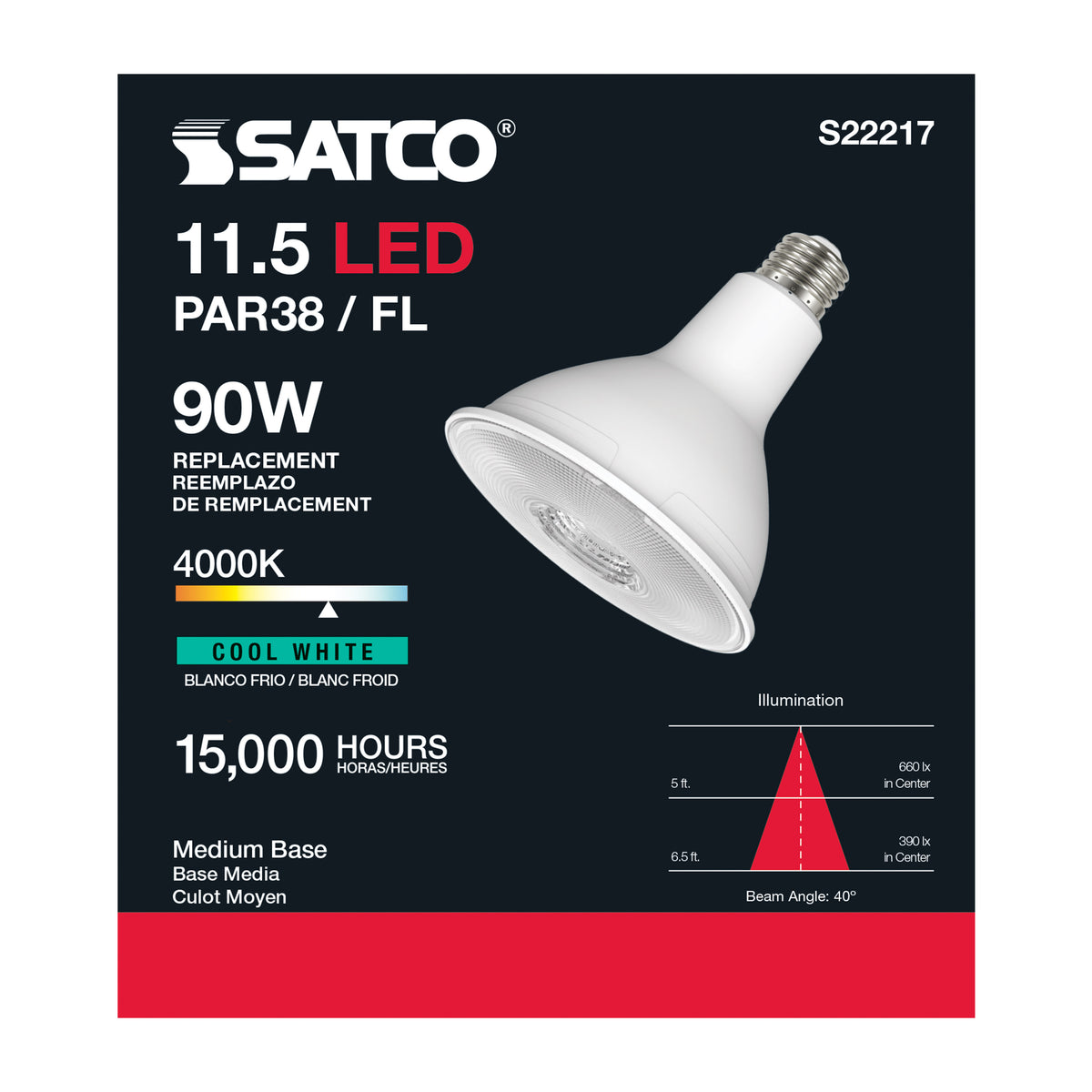 11.5 Watt PAR38 LED - 90 CRI - 4000K - 40 deg. Beam Angle - Medium base - 120 Volt