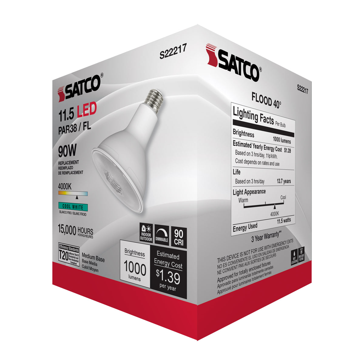 11.5 Watt PAR38 LED - 90 CRI - 4000K - 40 deg. Beam Angle - Medium base - 120 Volt