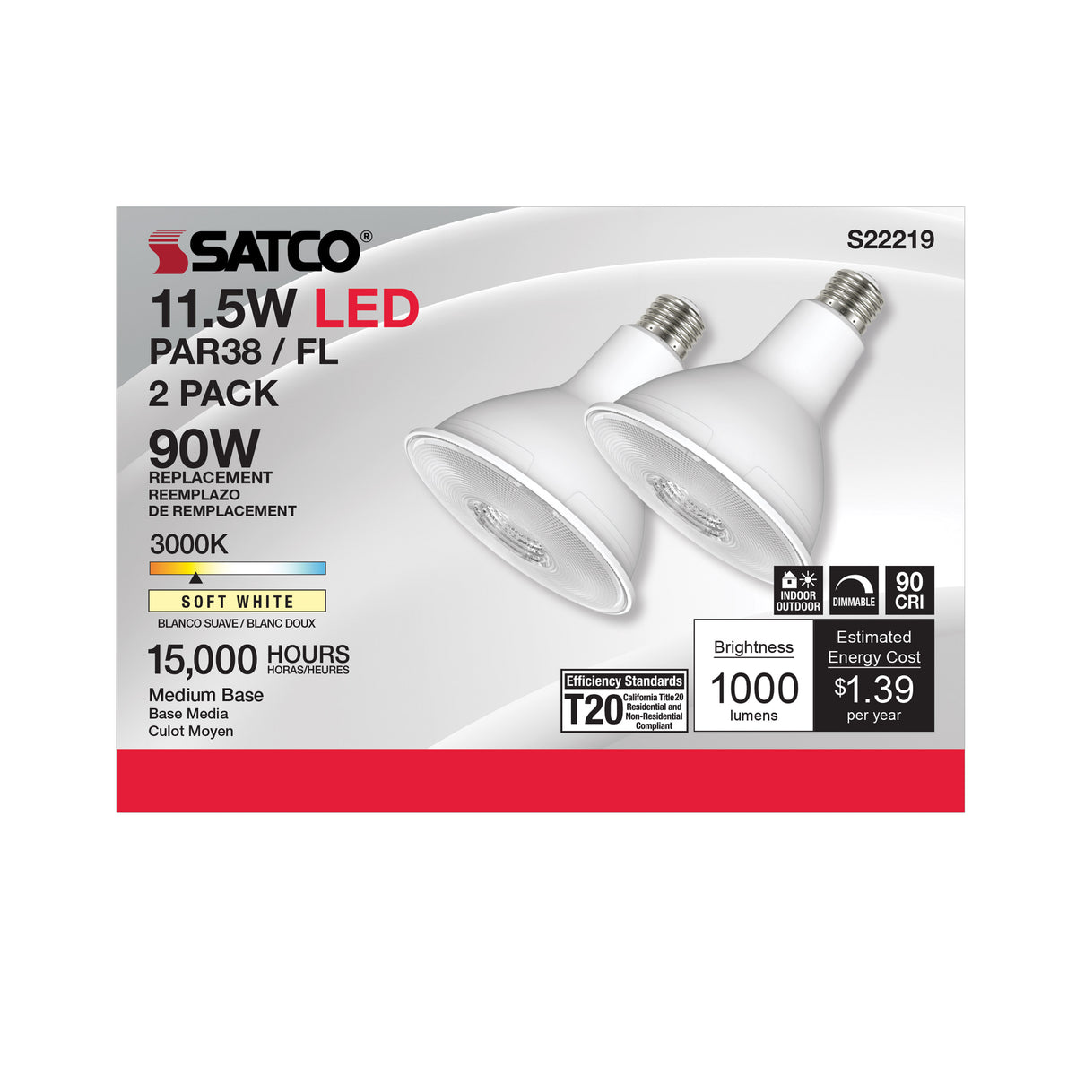 11.5 Watt PAR38 LED - 90 CRI - 3000K - 40 deg. Beam Angle - Medium base - 120 Volt - Pack of 2