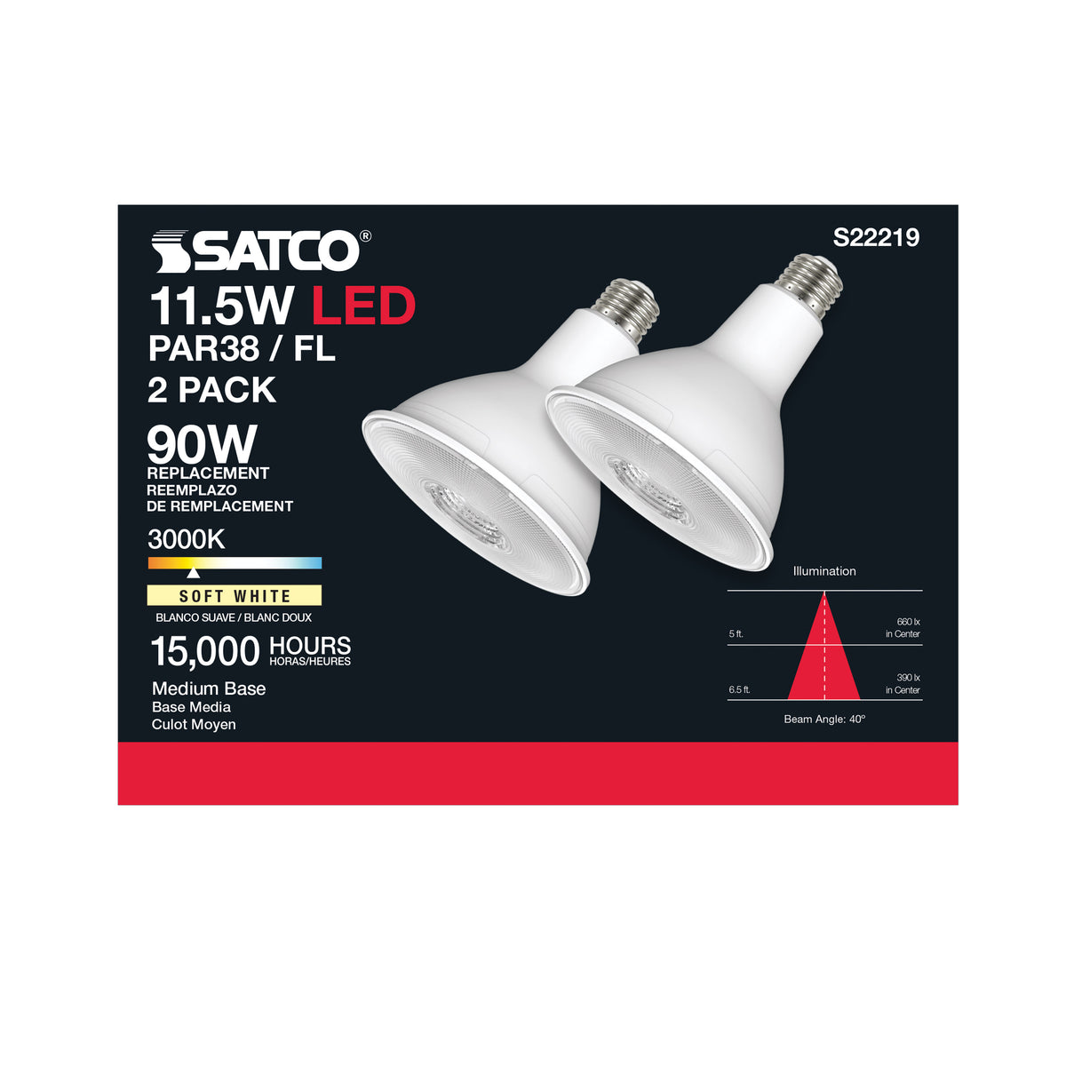 11.5 Watt PAR38 LED - 90 CRI - 3000K - 40 deg. Beam Angle - Medium base - 120 Volt - Pack of 2