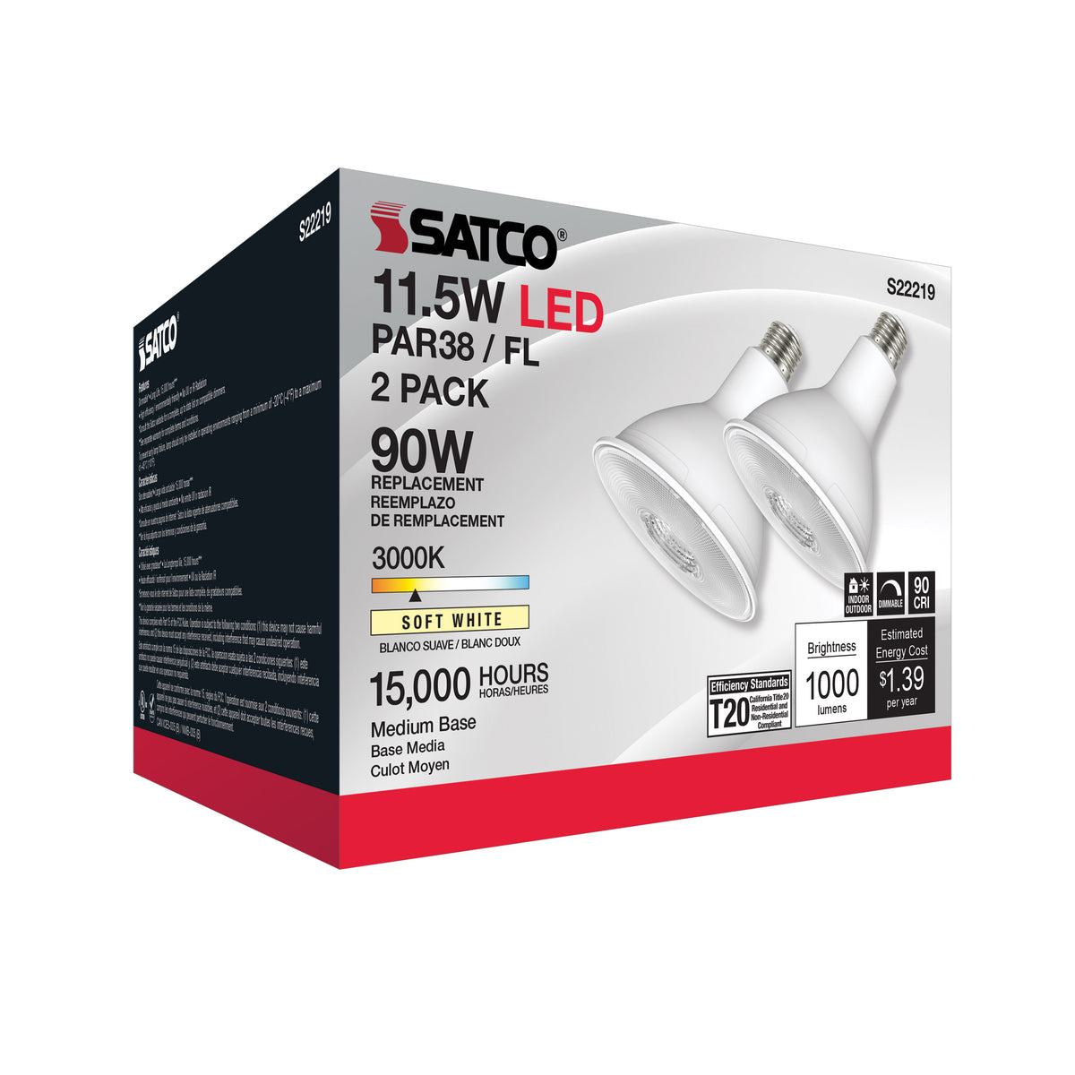 11.5 Watt PAR38 LED - 90 CRI - 3000K - 40 deg. Beam Angle - Medium base - 120 Volt - Pack of 2