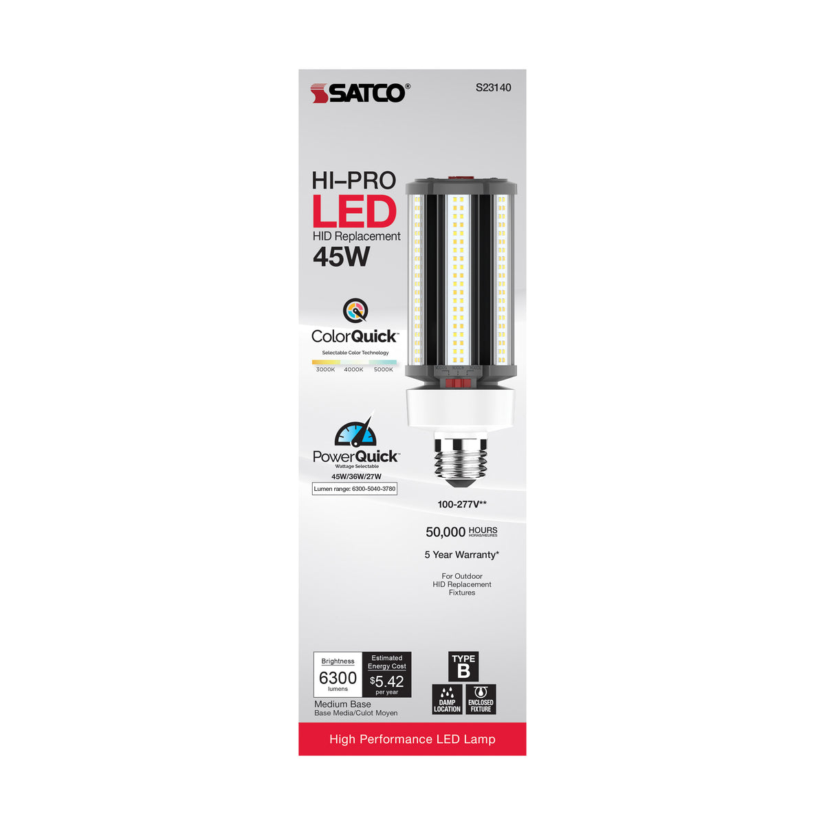 45/36/27 Wattage Selectable - LED HID Replacement - CCT Selectable - Type B - Ballast Bypass - Medium base - 120-277 Volt - ColorQuick Technology - PowerQuick Technology