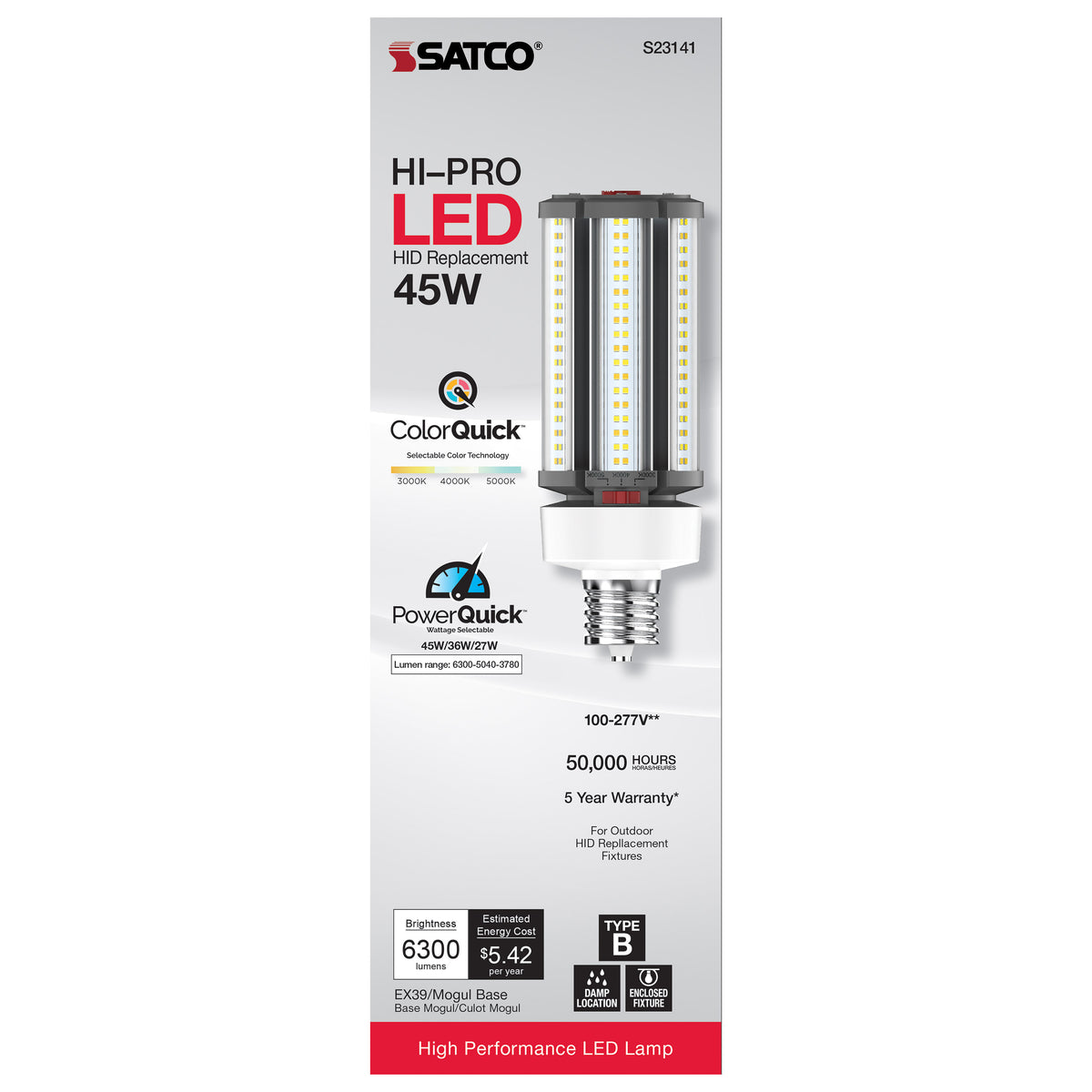 45/36/27 Wattage Selectable - LED HID Replacement - CCT Selectable - Type B - Ballast Bypass - Extended Mogul base - 120-277 Volt - ColorQuick Technology - PowerQuick Technology
