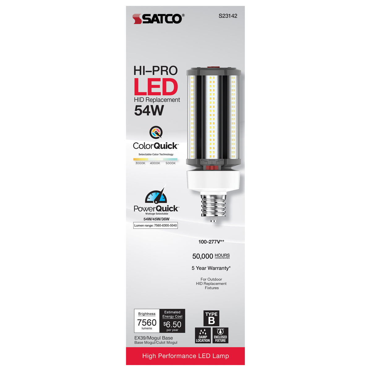 54/45/36 Wattage Selectable - LED HID Replacement - CCT Selectable - Type B - Ballast Bypass - Extended Mogul base - 120-277 Volt - ColorQuick Technology - PowerQuick Technology