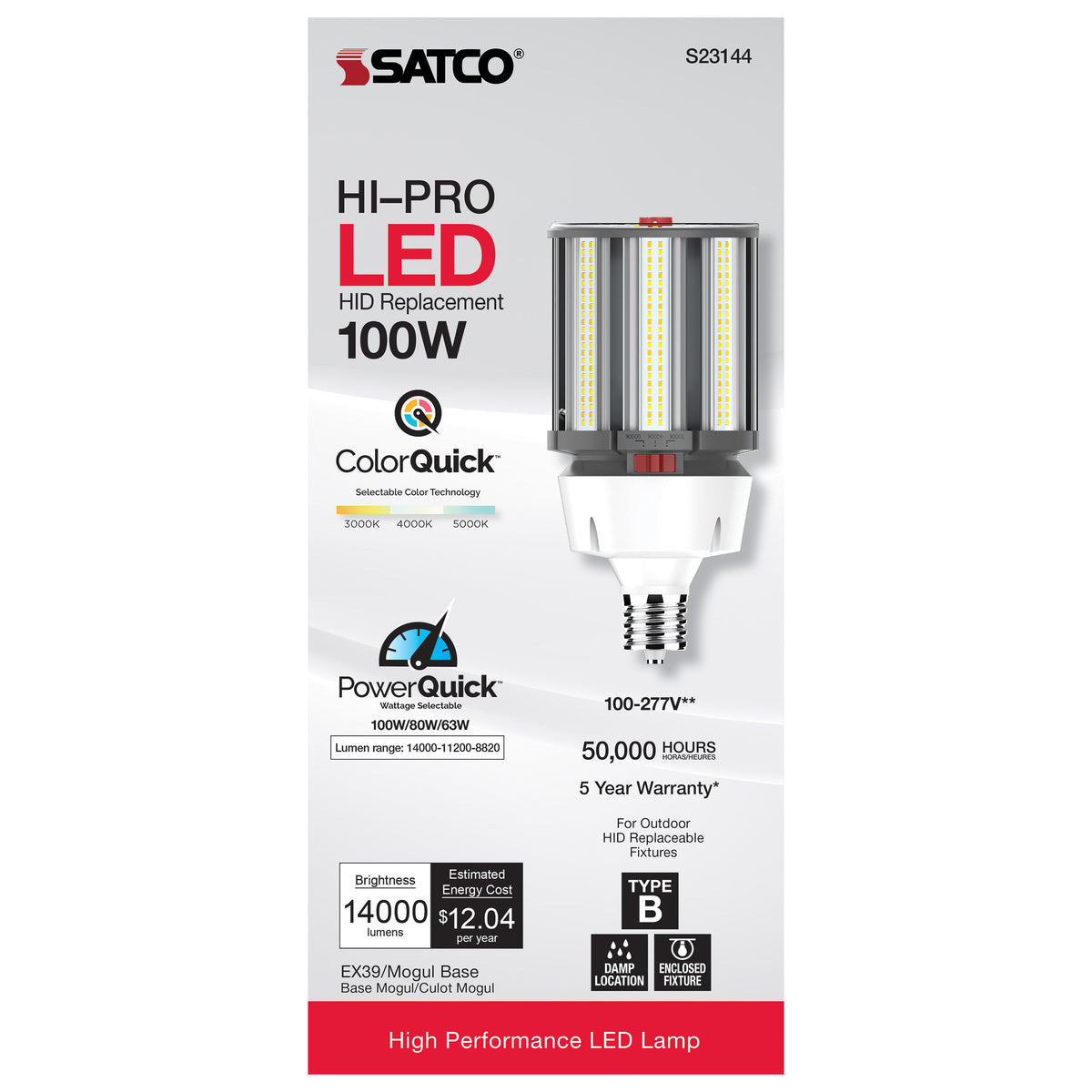 100/80/63 Wattage Selectable - LED HID Replacement - CCT Selectable - Type B - Ballast Bypass - Extended Mogul base - 120-277 Volt - ColorQuick Technology - PowerQuick Technology
