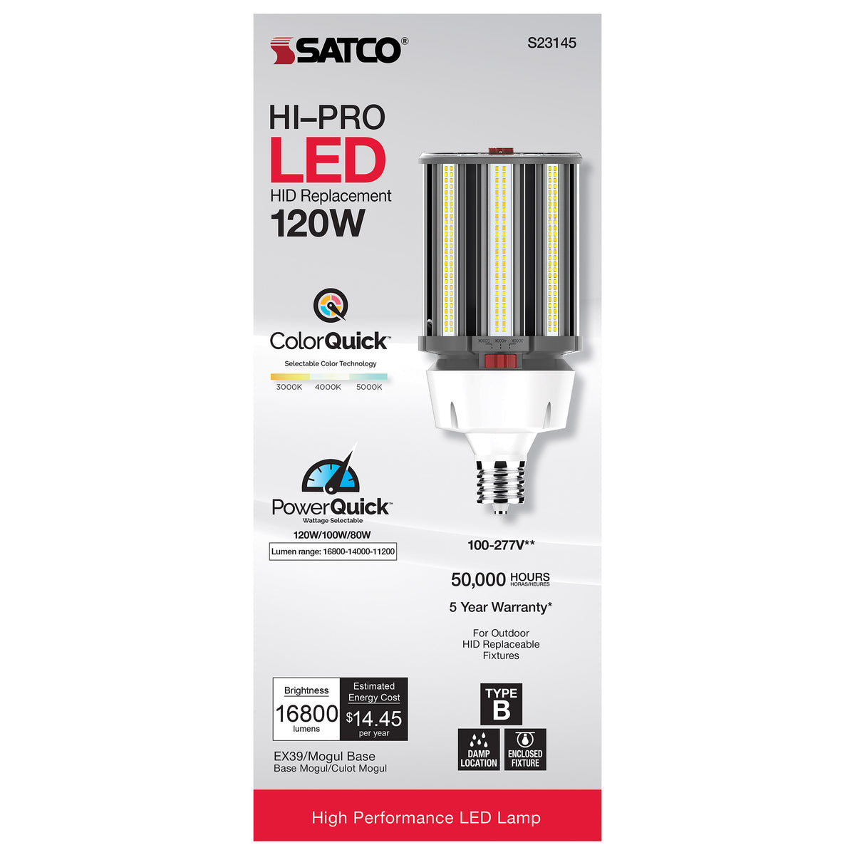 120/100/80 Wattage Selectable - LED HID Replacement - CCT Selectable - Type B - Ballast Bypass - Extended Mogul base - 120-277 Volt - ColorQuick Technology - PowerQuick Technology