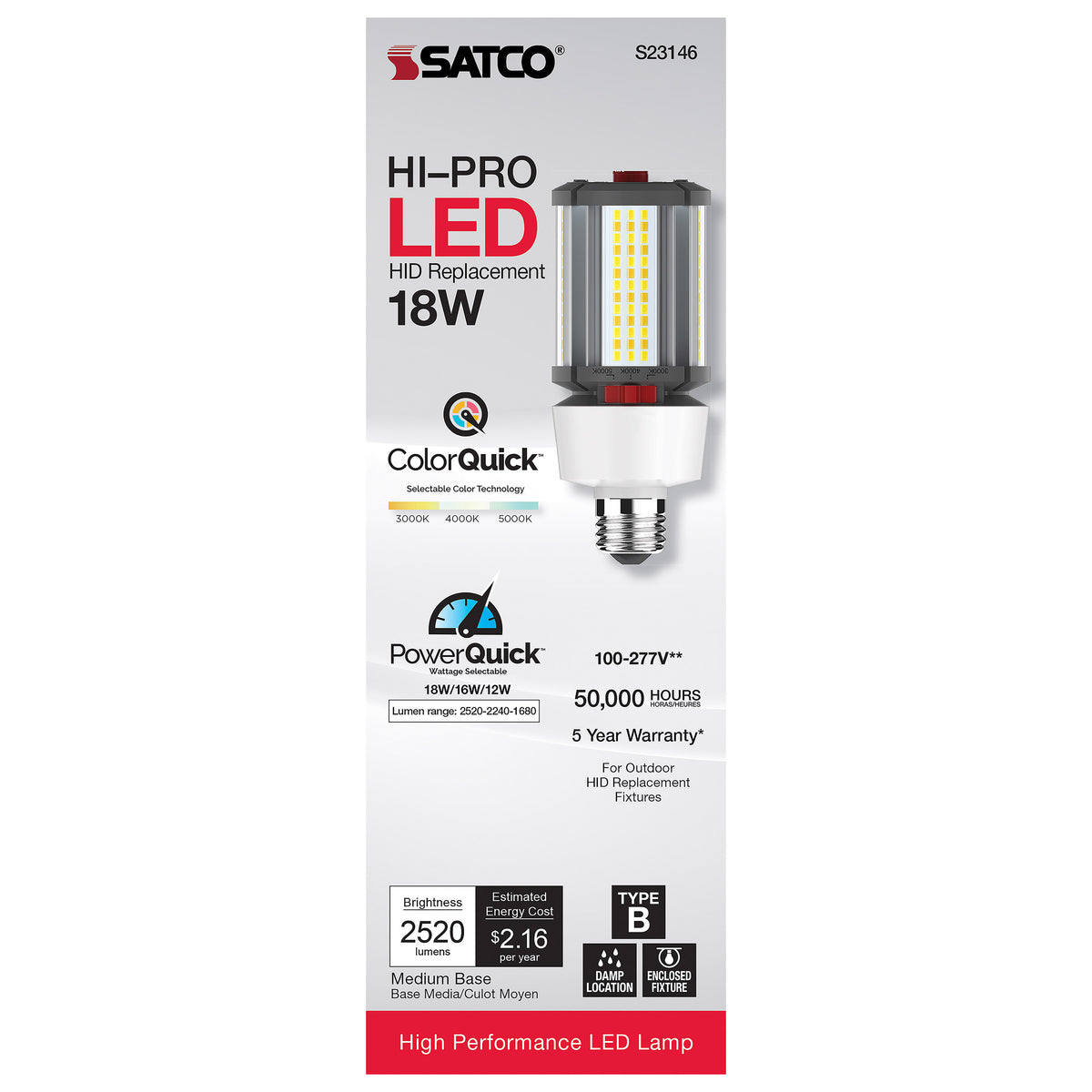 18/16/12 Wattage Selectable - LED HID Replacement - CCT Selectable - Type B - Ballast Bypass - Medium base - 120-277 Volt - ColorQuick Technology - PowerQuick Technology