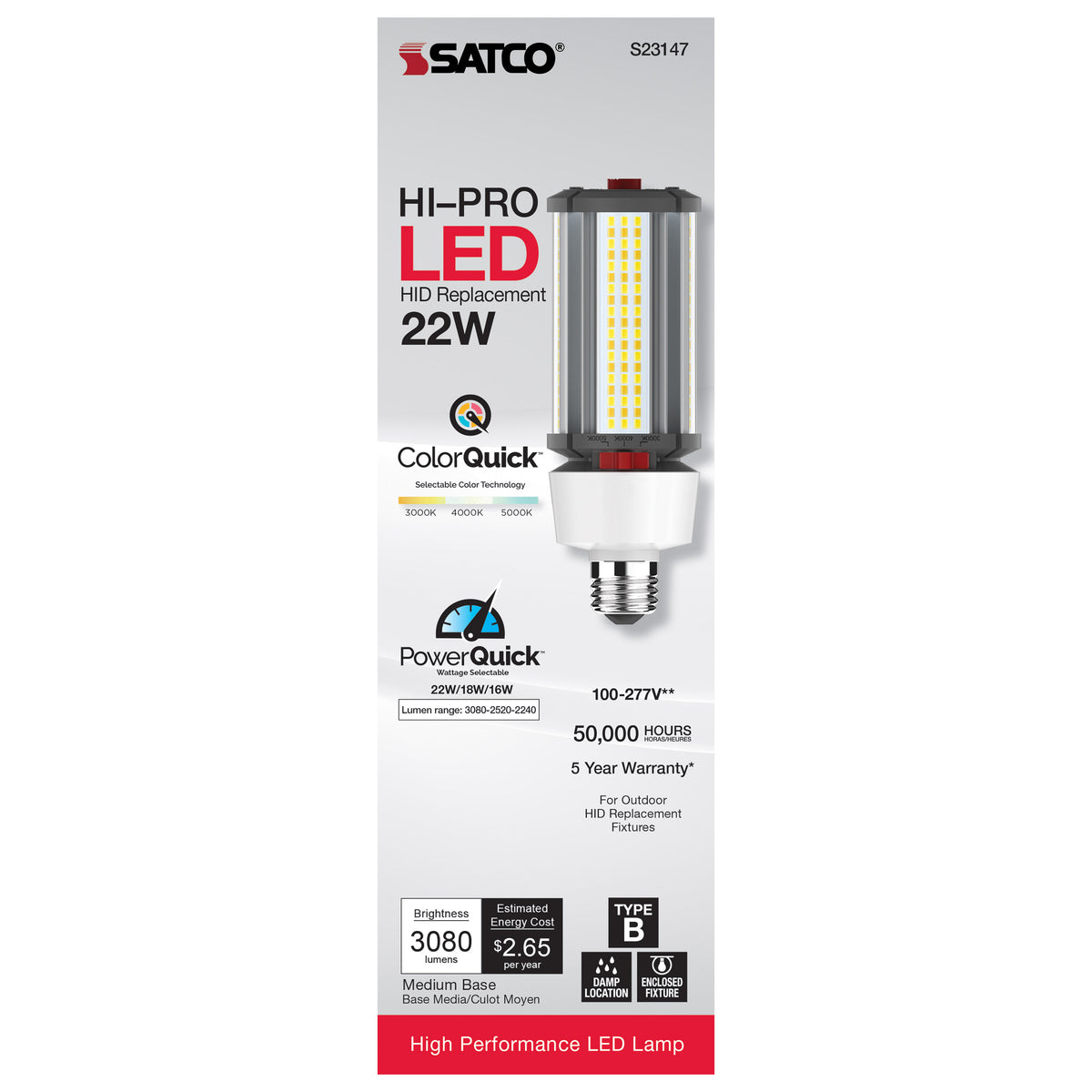 22/18/16 Wattage Selectable - LED HID Replacement - CCT Selectable - Type B - Ballast Bypass - Medium base - 120-277 Volt - ColorQuick Technology - PowerQuick Technology