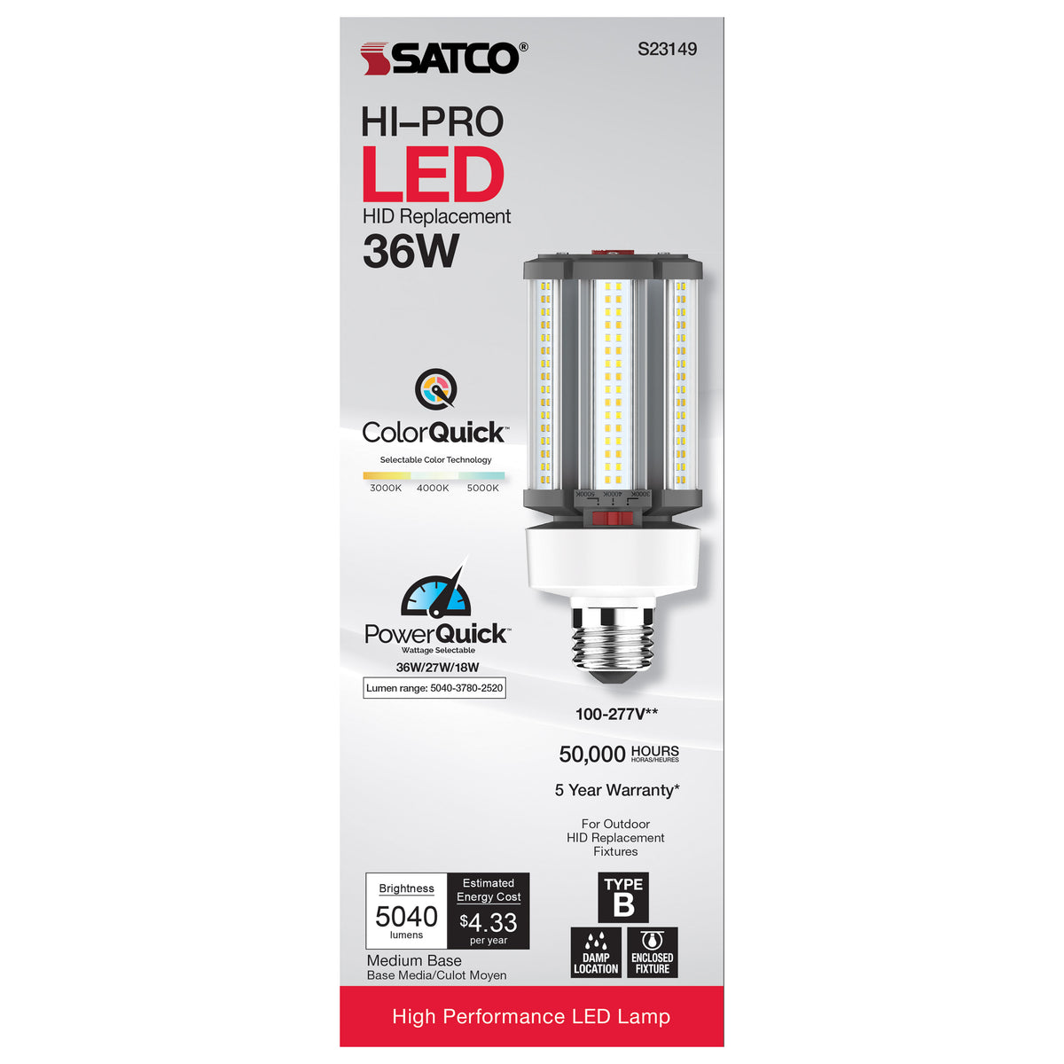 36/27/18 Wattage Selectable - LED HID Replacement - CCT Selectable - Type B - Ballast Bypass - Medium base - 120-277 Volt - ColorQuick Technology - PowerQuick Technology