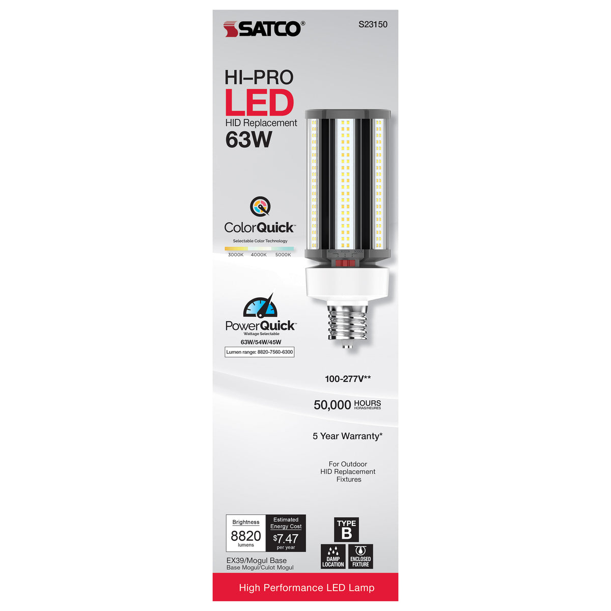 63/54/45 Wattage Selectable - LED HID Replacement - CCT Selectable - Type B - Ballast Bypass - Extended Mogul base - 120-277 Volt - ColorQuick Technology - PowerQuick Technology