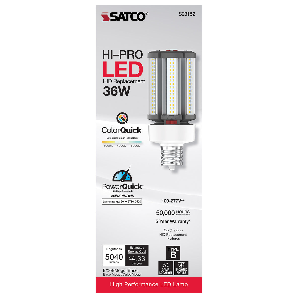36/27/18 Wattage Selectable - LED HID Replacement - CCT Selectable - Type B - Ballast Bypass - Extended Mogul base - 120-277 Volt - ColorQuick Technology - PowerQuick Technology