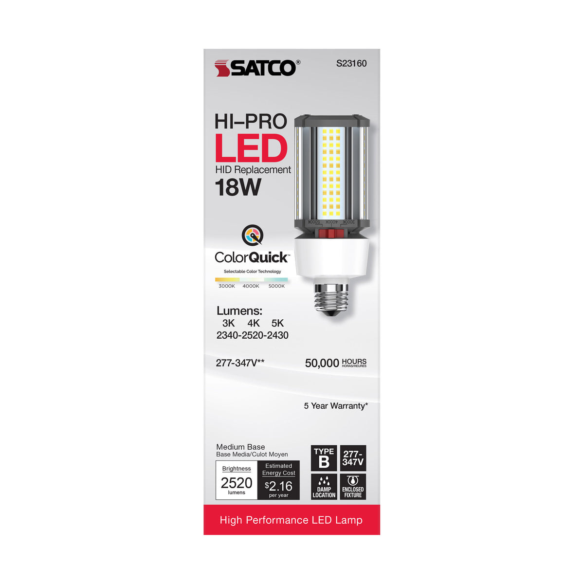 18 Watt LED HID Replacement - CCT Selectable - Type B - Ballast Bypass - Medium Base - 277-347 Volt - ColorQuick Technology