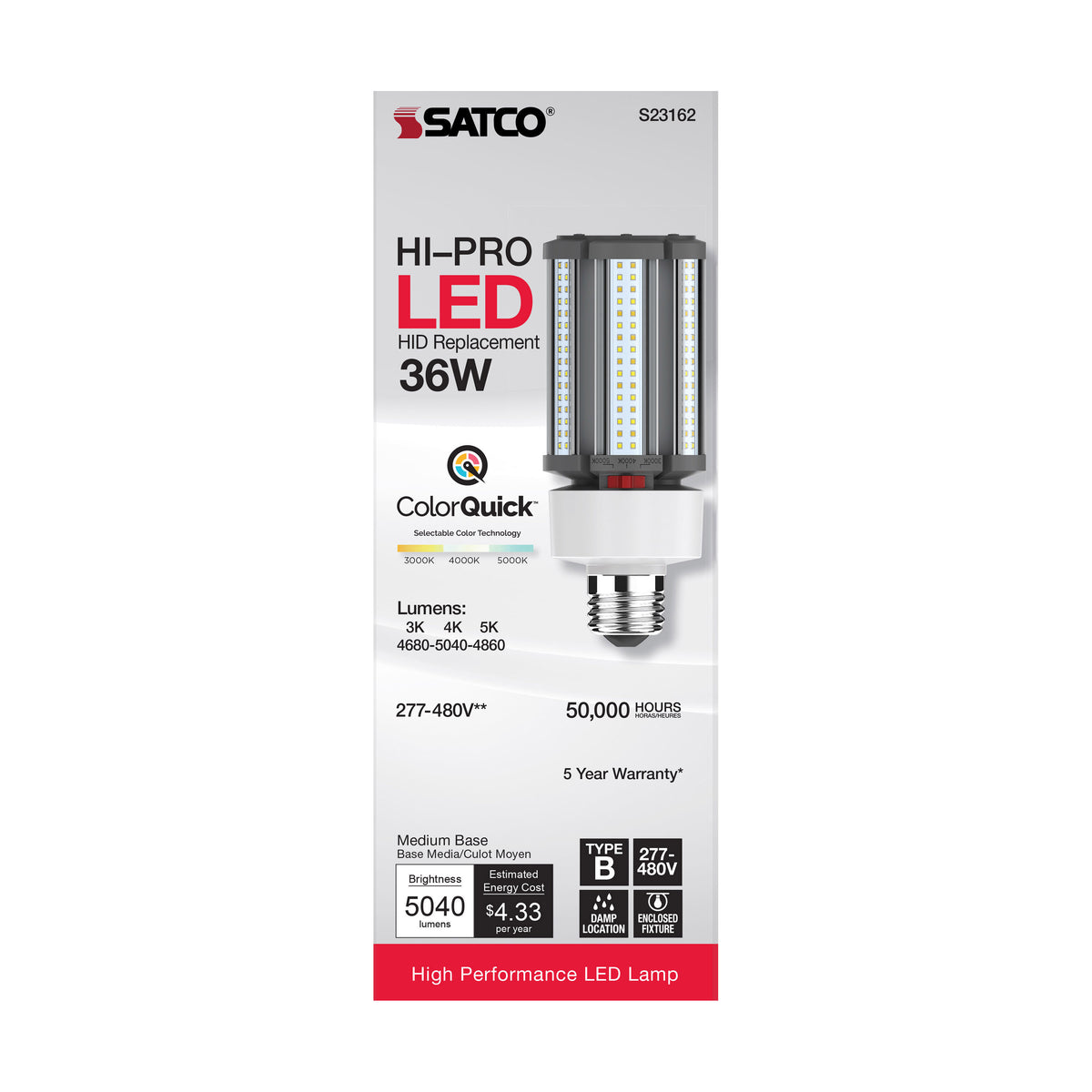 36 Watt LED HID Replacement - CCT Selectable - Type B - Ballast Bypass - Medium Base - 277-480 Volt - ColorQuick Technology