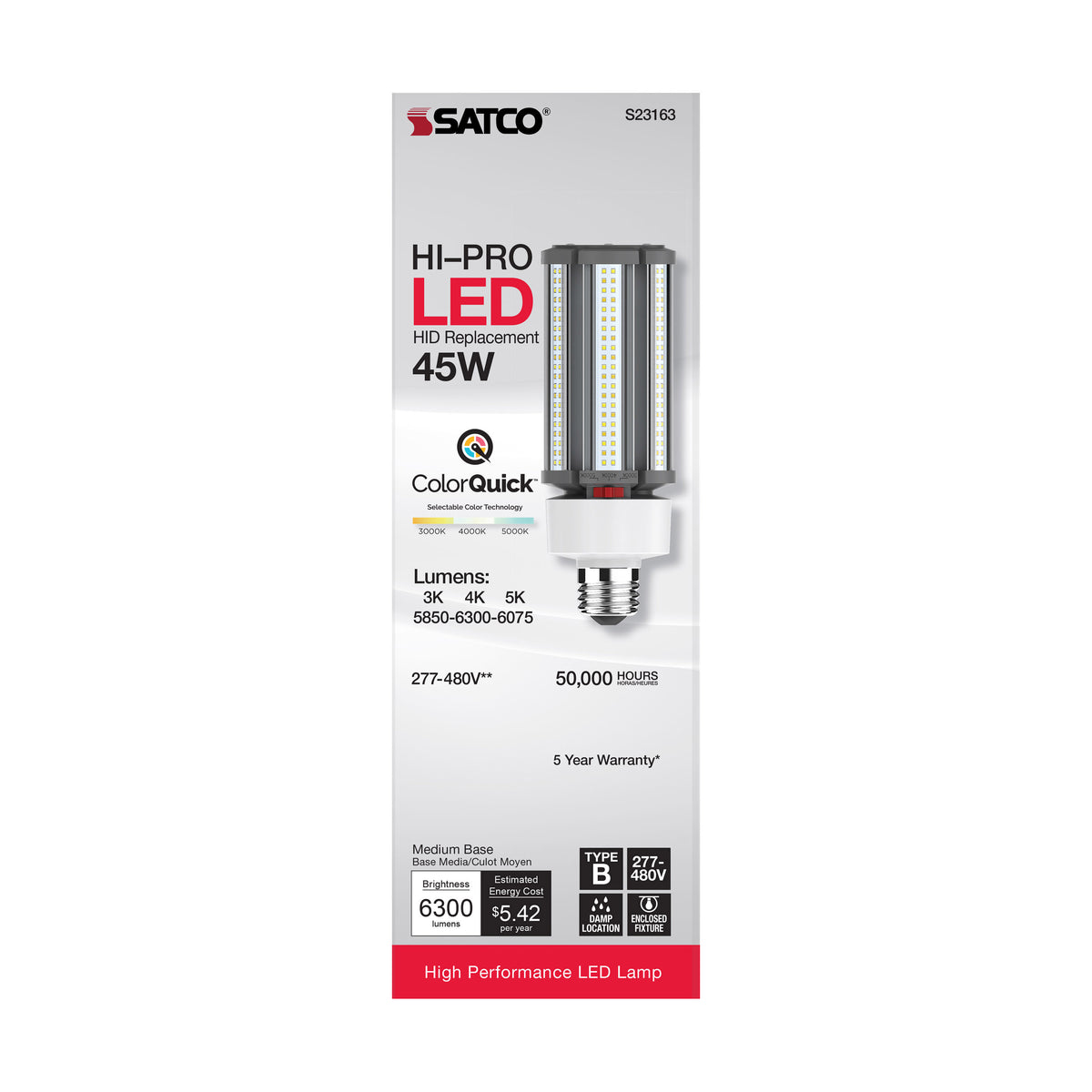 45 Watt LED HID Replacement - CCT Selectable - Type B - Ballast Bypass - Medium Base - 277-480 Volt - ColorQuick Technology