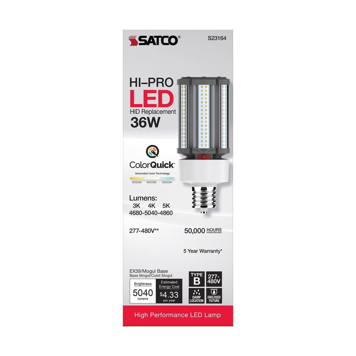 36 Watt LED HID Replacement - CCT Selectable - Type B - Ballast Bypass - Mogul Extended Base - 277-480 Volt - ColorQuick Technology