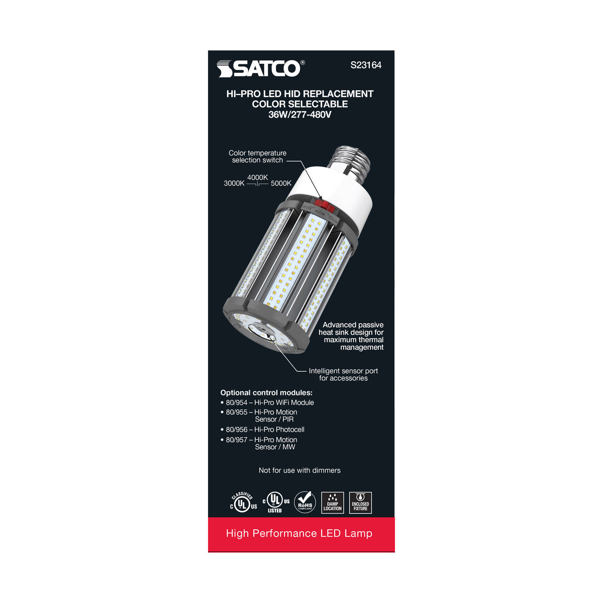 36 Watt LED HID Replacement - CCT Selectable - Type B - Ballast Bypass - Mogul Extended Base - 277-480 Volt - ColorQuick Technology