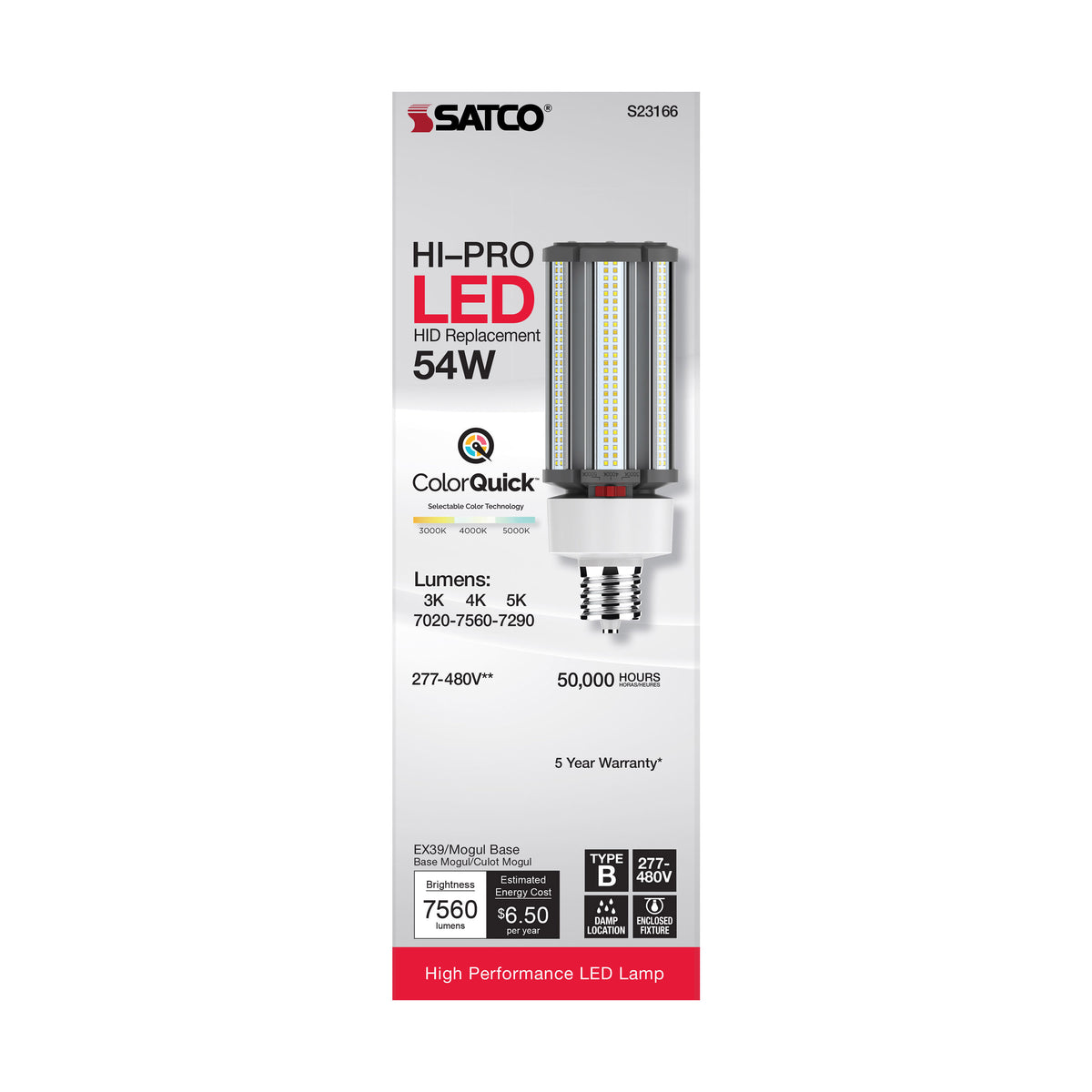 54 Watt LED HID Replacement - CCT Selectable - Type B - Ballast Bypass - Mogul Extended Base - 277-480 Volt - ColorQuick Technology