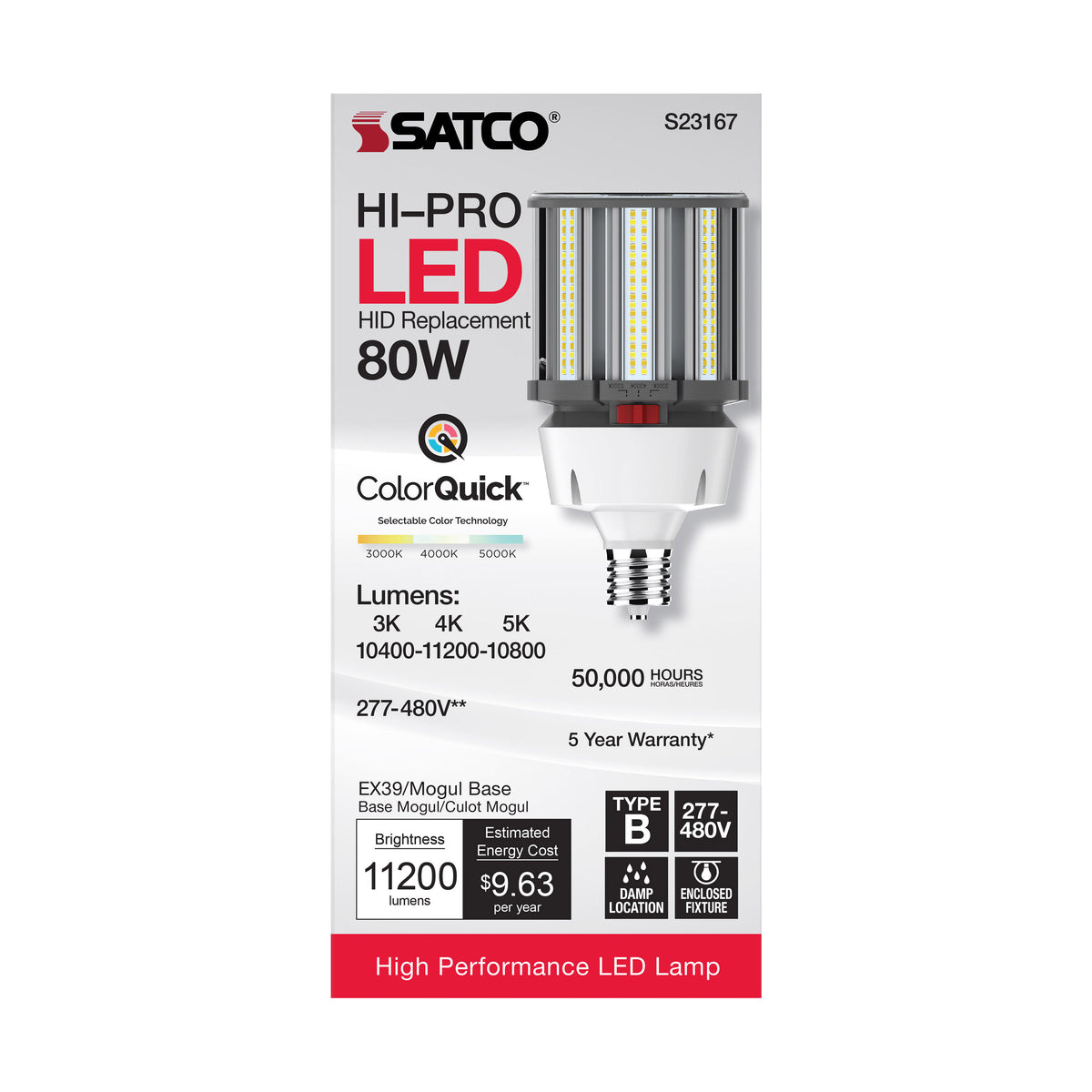 80 Watt LED HID Replacement - CCT Selectable - Type B - Ballast Bypass - Mogul Extended Base - 277-480 Volt - ColorQuick Technology