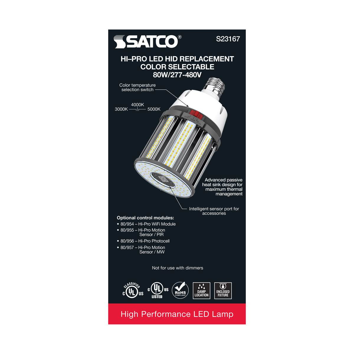 80 Watt LED HID Replacement - CCT Selectable - Type B - Ballast Bypass - Mogul Extended Base - 277-480 Volt - ColorQuick Technology