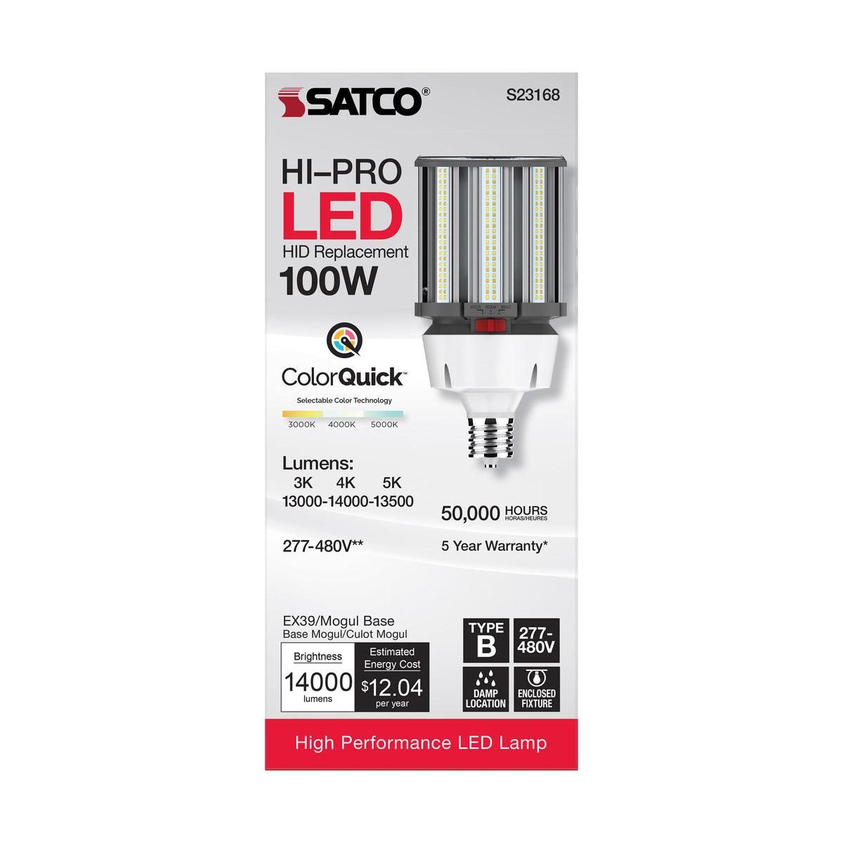 100 Watt LED HID Replacement - CCT Selectable - Type B - Ballast Bypass - Mogul Extended Base - 277-480 Volt - ColorQuick Technology