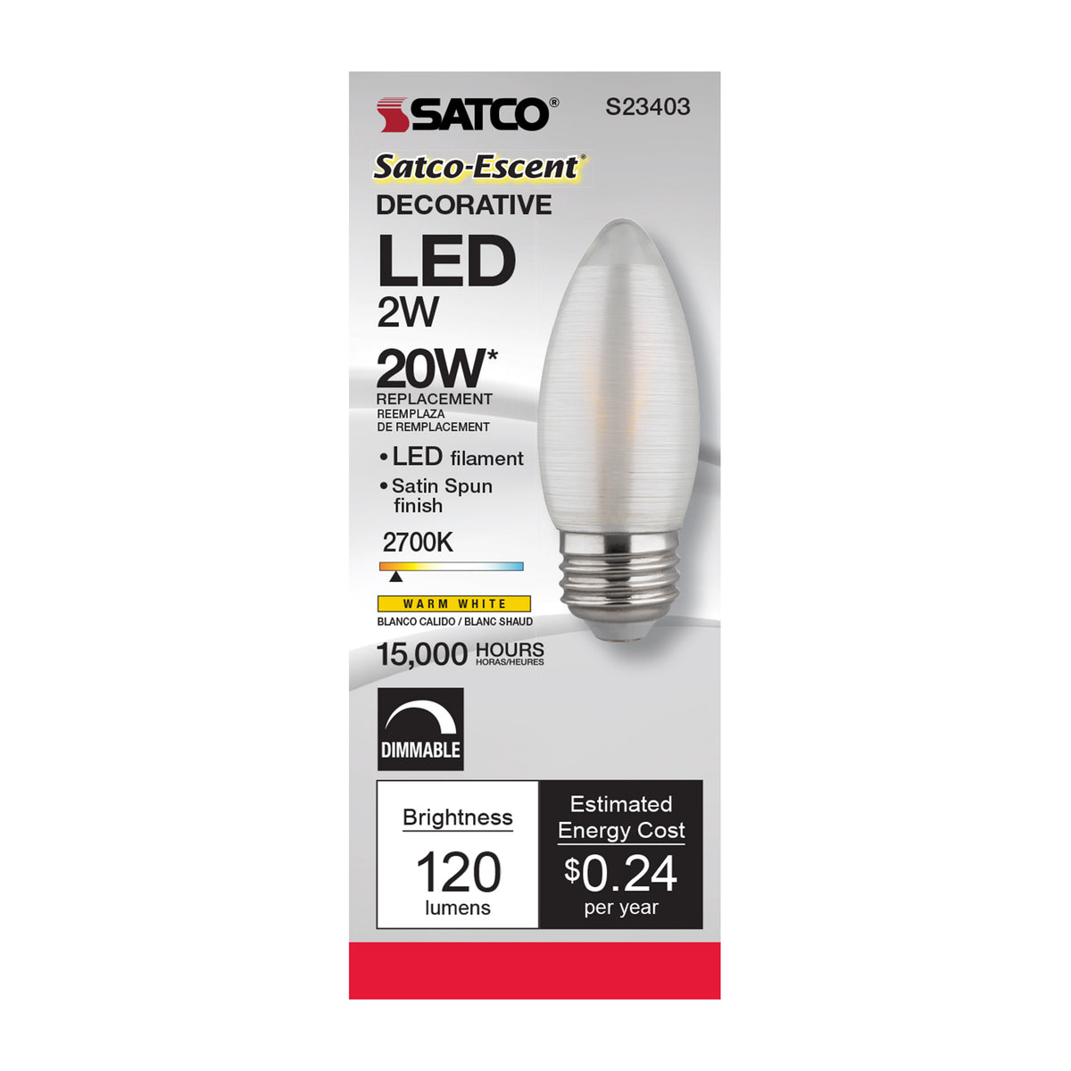 2 Watt C11 LED Filament - Satin Spun - Clear - Medium base - 2700K - 120 Lumens - 120 Volt