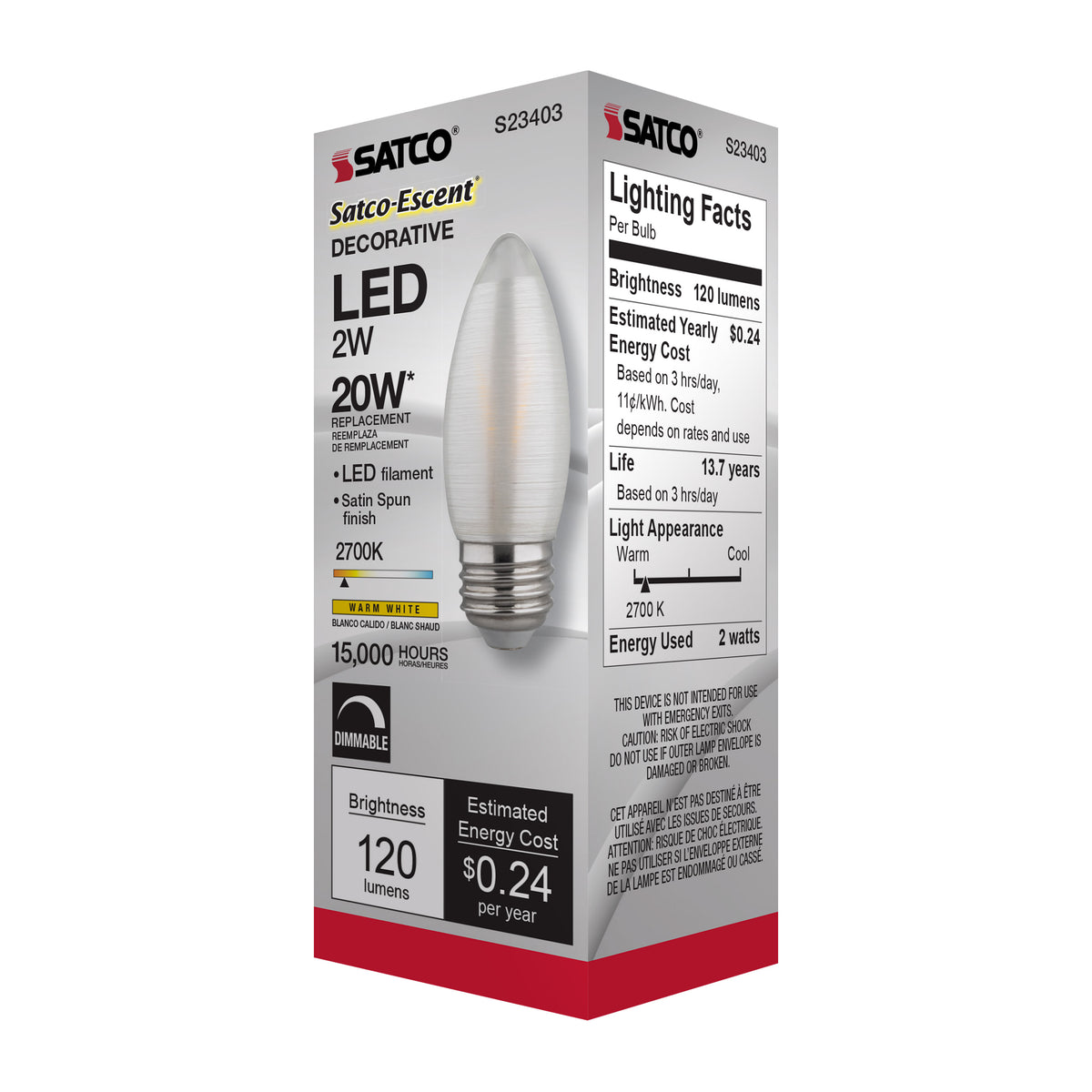 2 Watt C11 LED Filament - Satin Spun - Clear - Medium base - 2700K - 120 Lumens - 120 Volt